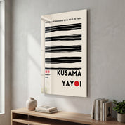 Black lines glass wall art by Artdesigna inspired by Yayoi Kusama's Japanese pop art style, featuring minimalistic design.