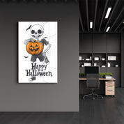 Skeleton Holding a Jack-O'-Lantern | Halloween Glass Wall Art - Artdesigna