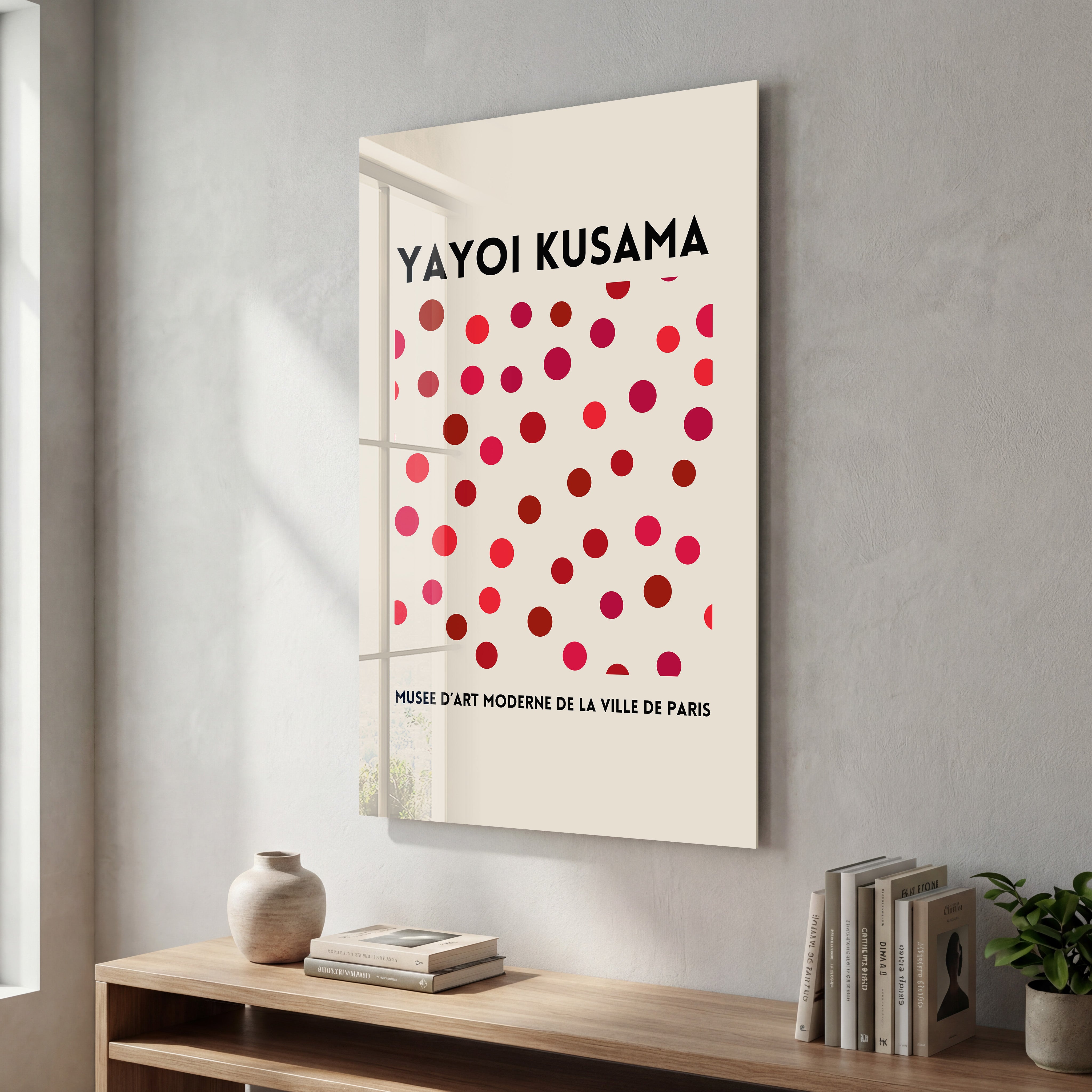 Pink dotted Yayoi Kusama glass wall art by Artdesigna featuring vibrant Japanese pop art design on clear glass.