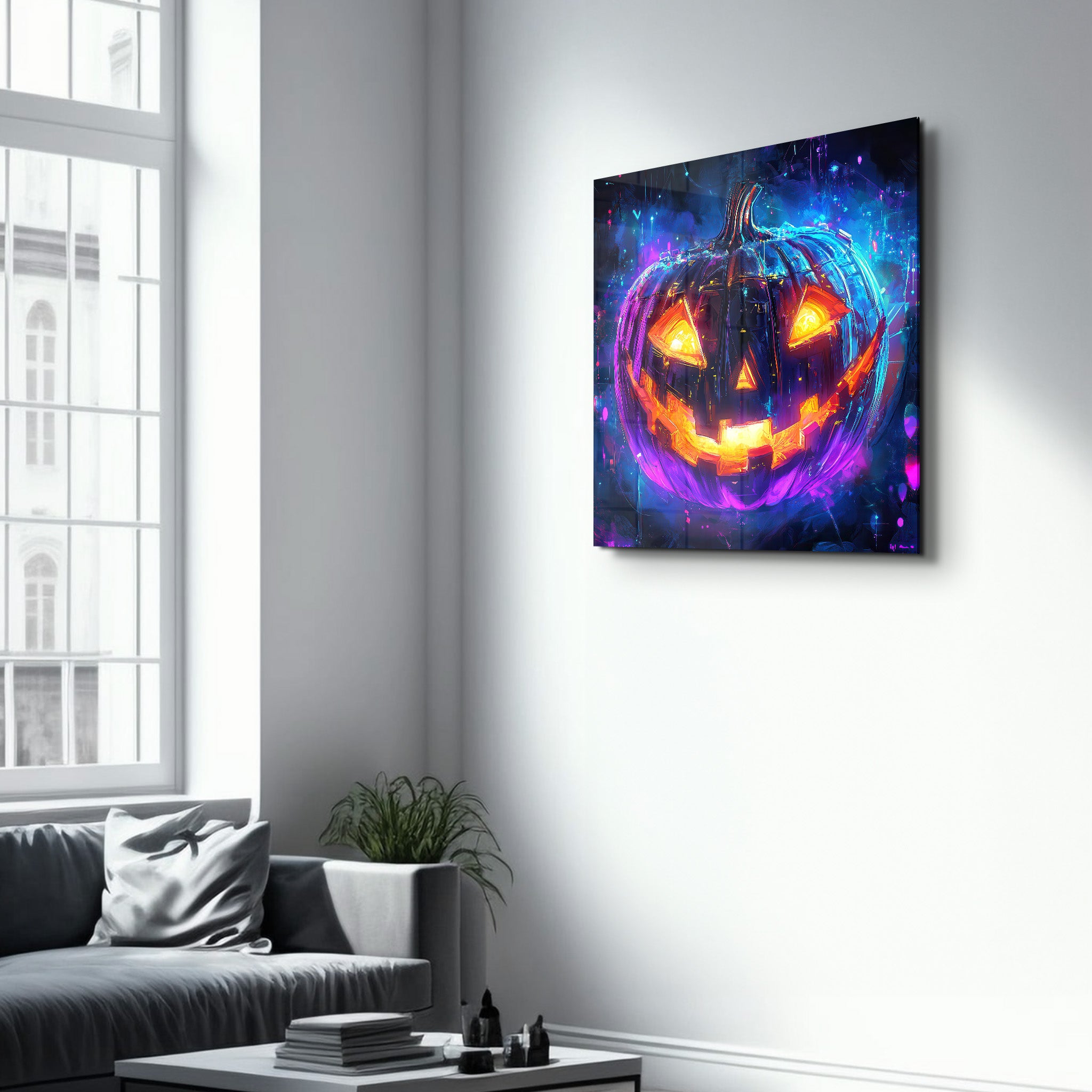 Neon Pumpkin | Halloween Style Glass Wall Art - Artdesigna