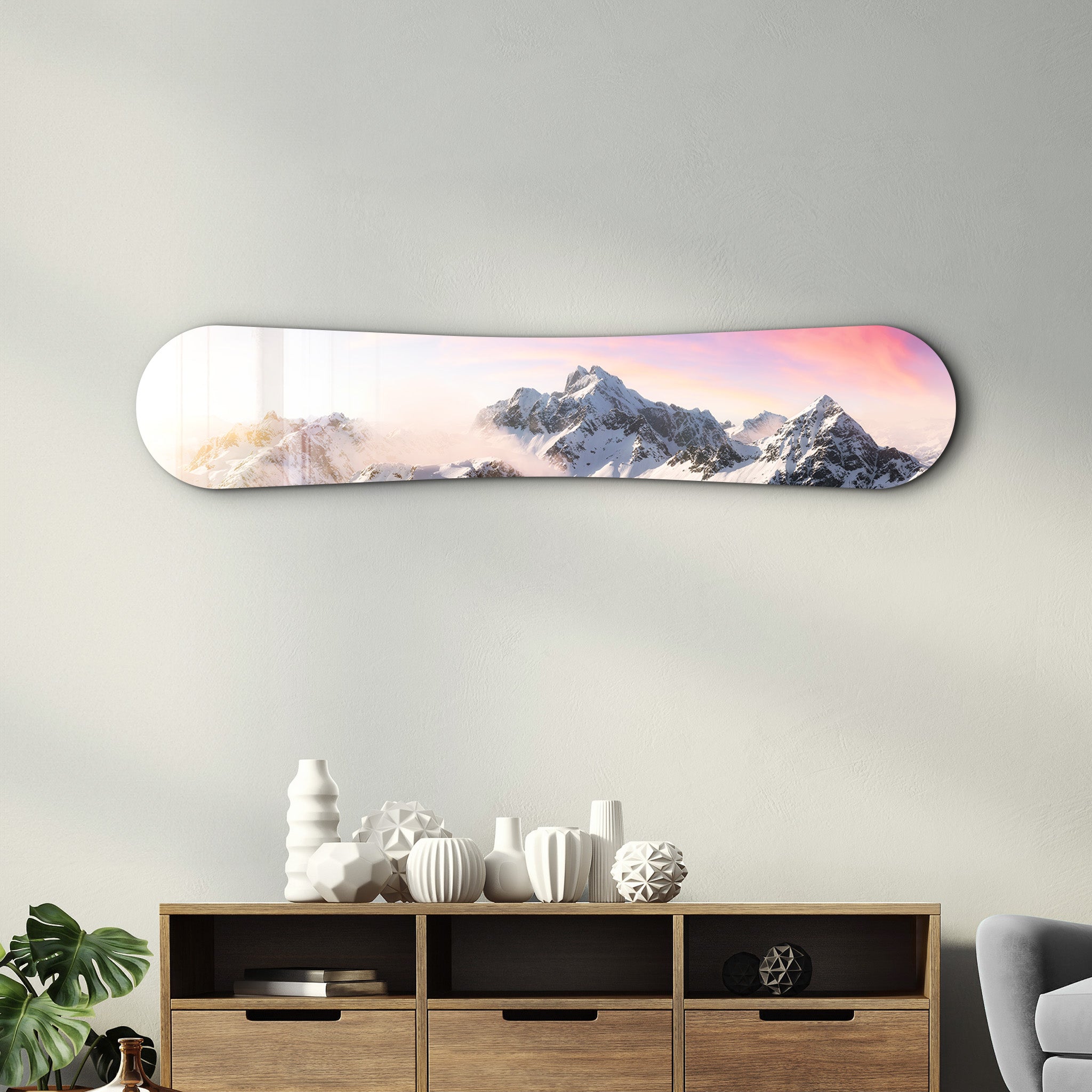 Sunrise Alpine Peaks snowboard glass wall art by Artdesigna featuring mountain scene on clear glass panel.