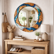 Ocean-inspired epoxy and olive wood wall art mirror by Artdesigna, featuring a unique wood and epoxy design for home decor.