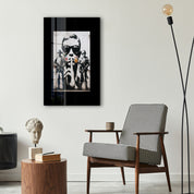 Glass wall art featuring urban protest street art design by Artdesigna, showcasing bold graffiti-style imagery on a clear glass surface.