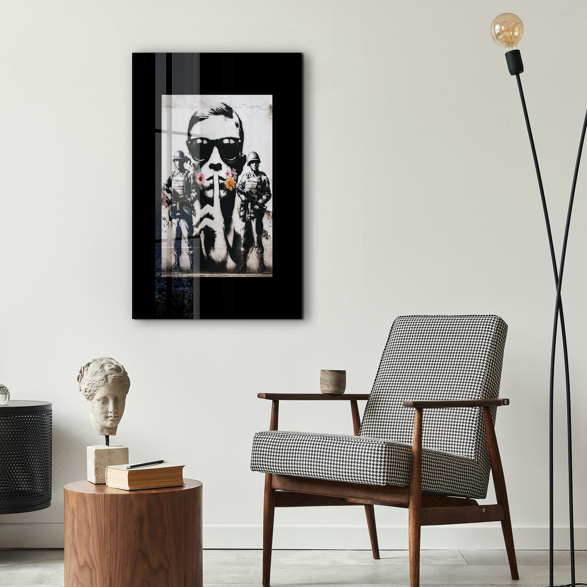 Glass wall art featuring urban protest street art design by Artdesigna, showcasing bold graffiti-style imagery on a clear glass surface.