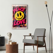 Colorful glass wall art featuring peace love and smile graffiti design by Artdesigna, vibrant abstract glass wall decor.