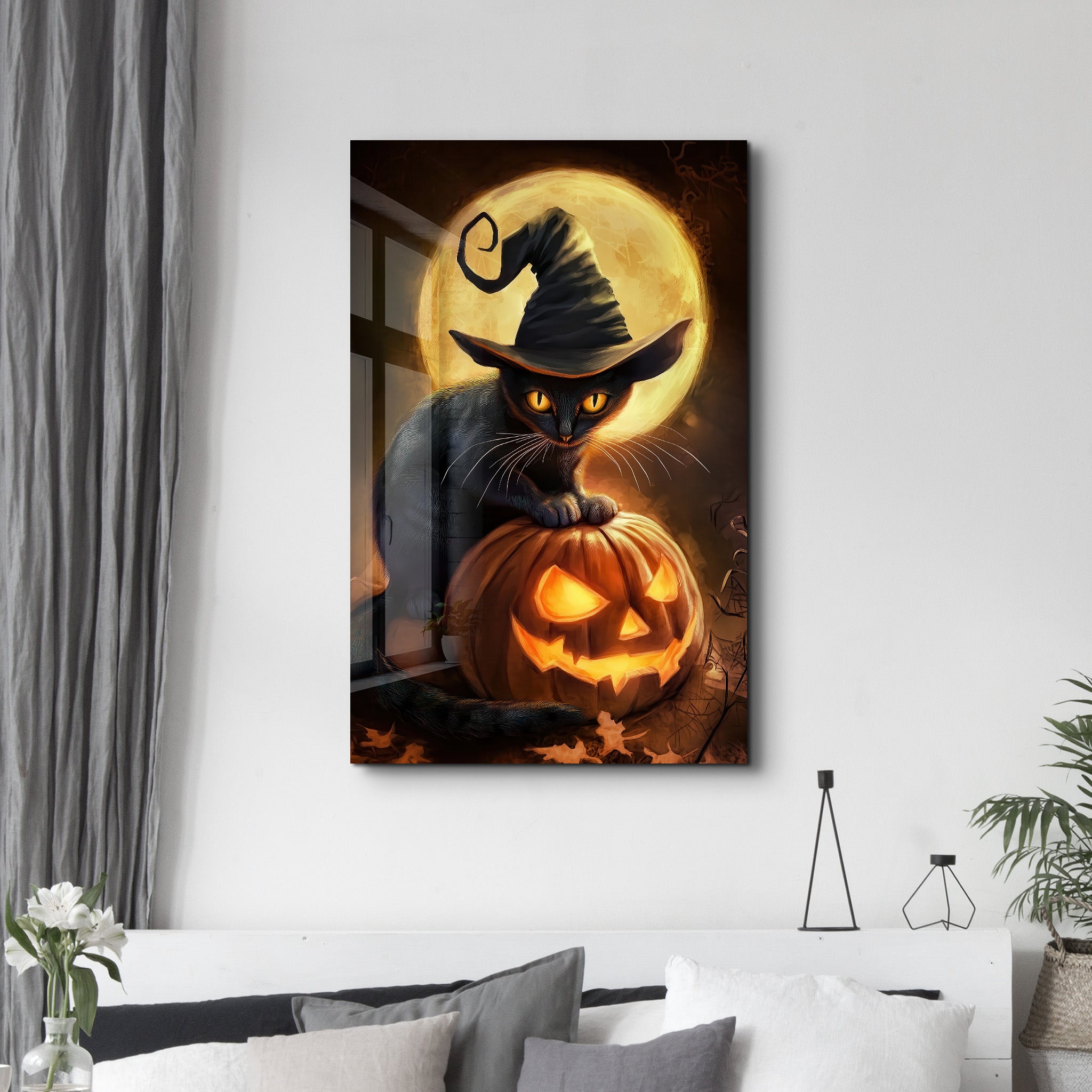 Kitty Witch | Halloween Glass Wall Art - Artdesigna