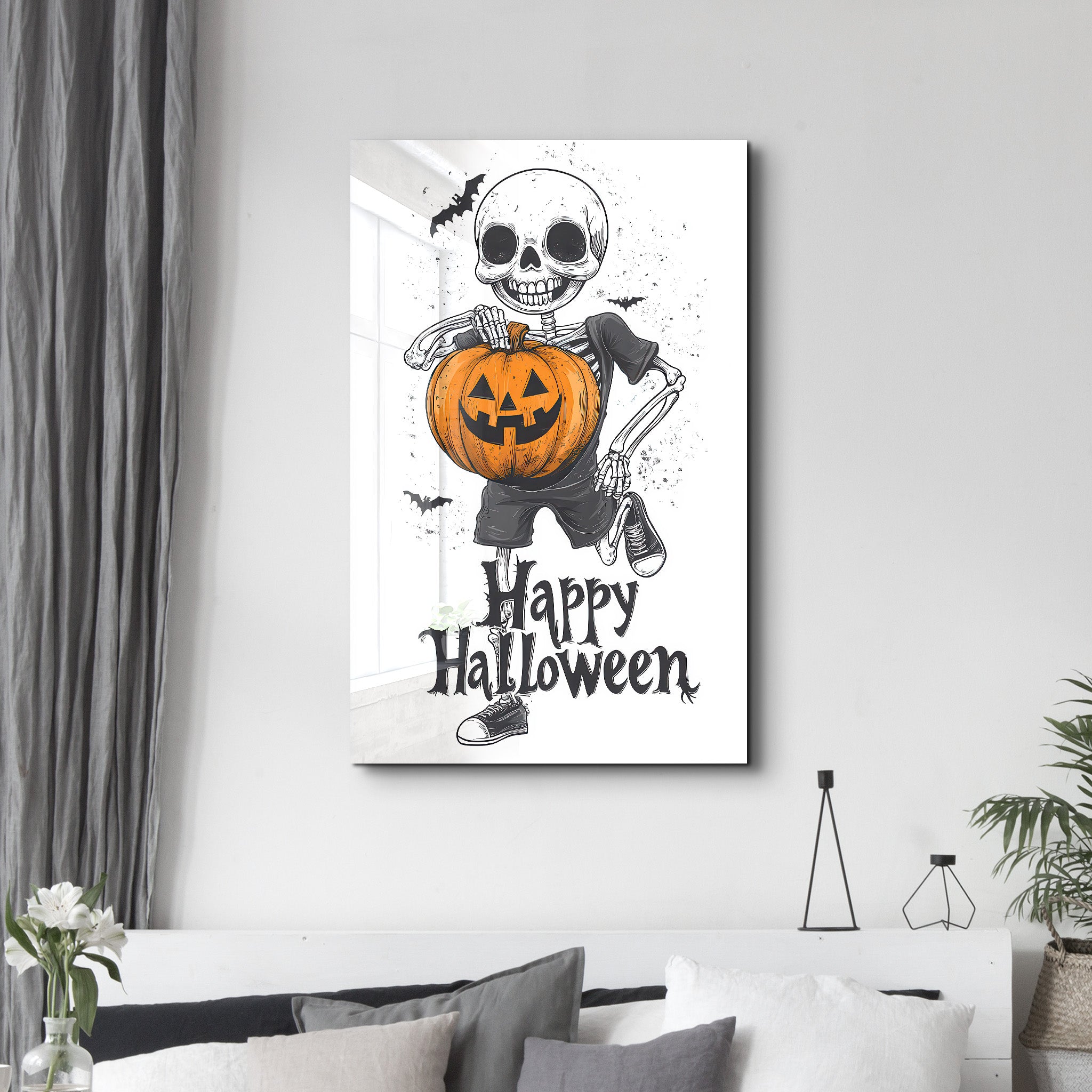 Skeleton Holding a Jack-O'-Lantern | Halloween Glass Wall Art - Artdesigna