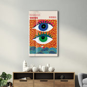 Yayoi Kusama Double Eye Japanese pop art glass wall art by Artdesigna, featuring bold, colorful eye design on clear glass.