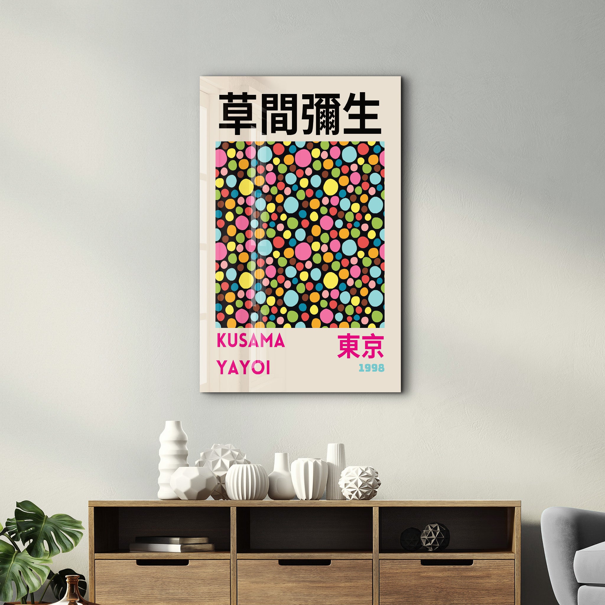 Colorful Yayoi Kusama polka dot glass wall art by Artdesigna featuring vibrant Japanese pop art design.