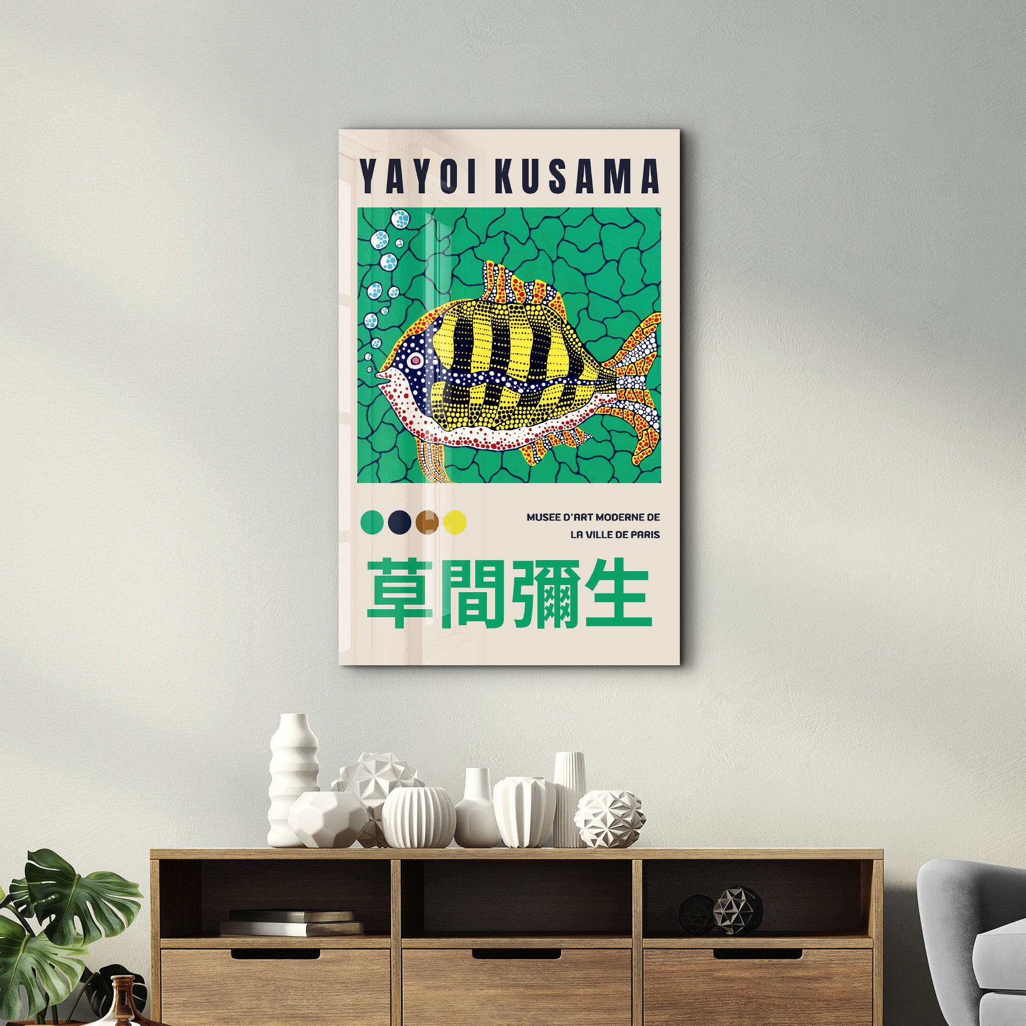 Colorful Yayoi Kusama tropical fish glass wall art by Artdesigna featuring vibrant Japanese pop art design and intricate glass details.