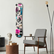 Artdesigna Ride Destroy snowboard glass wall art featuring bold, colorful snowboarding design on clear glass panel.
