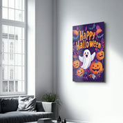 Cheerful Ghost Happy Halloween | Glass Wall Art - Artdesigna