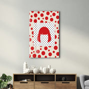 Yayoi Kusama-inspired red wig glass wall art featuring vibrant pop art design by Artdesigna for modern home decor.