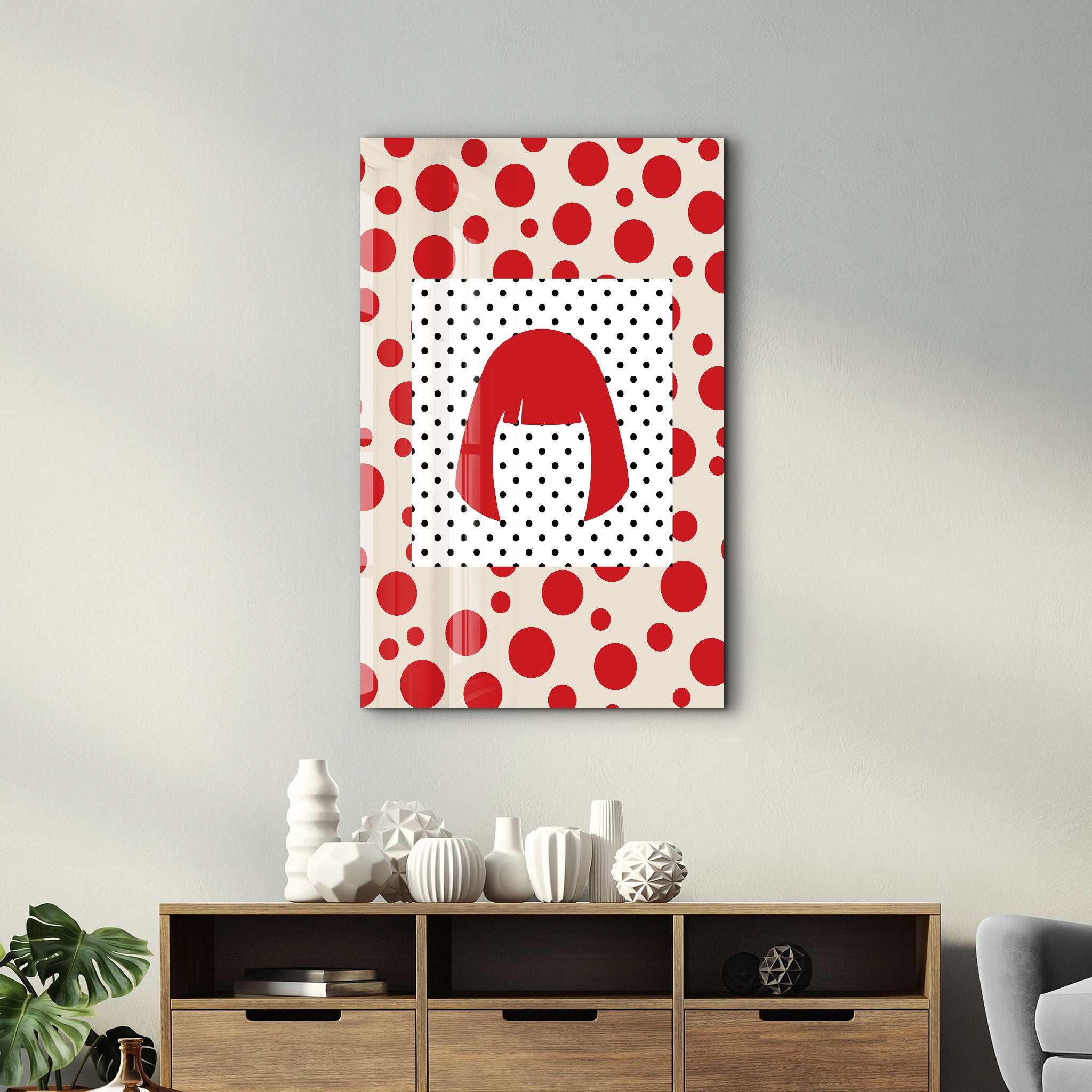 Yayoi Kusama-inspired red wig glass wall art featuring vibrant pop art design by Artdesigna for modern home decor.