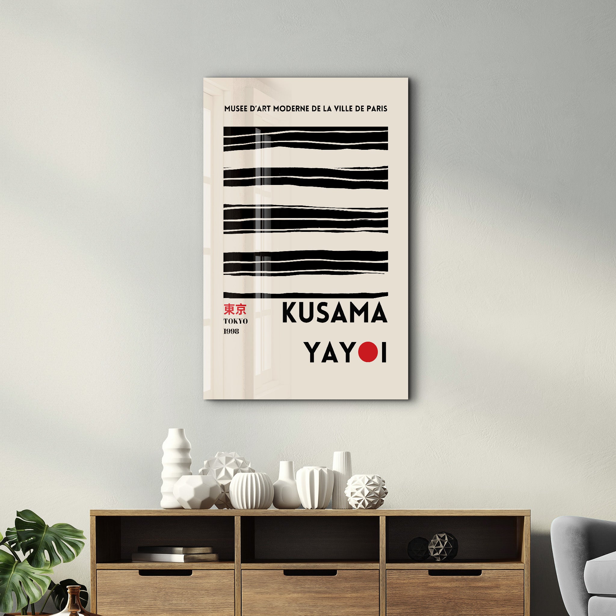 Yayoi Kusama minimal black lines Japanese pop art glass wall art by Artdesigna, featuring bold black line patterns on clear glass.