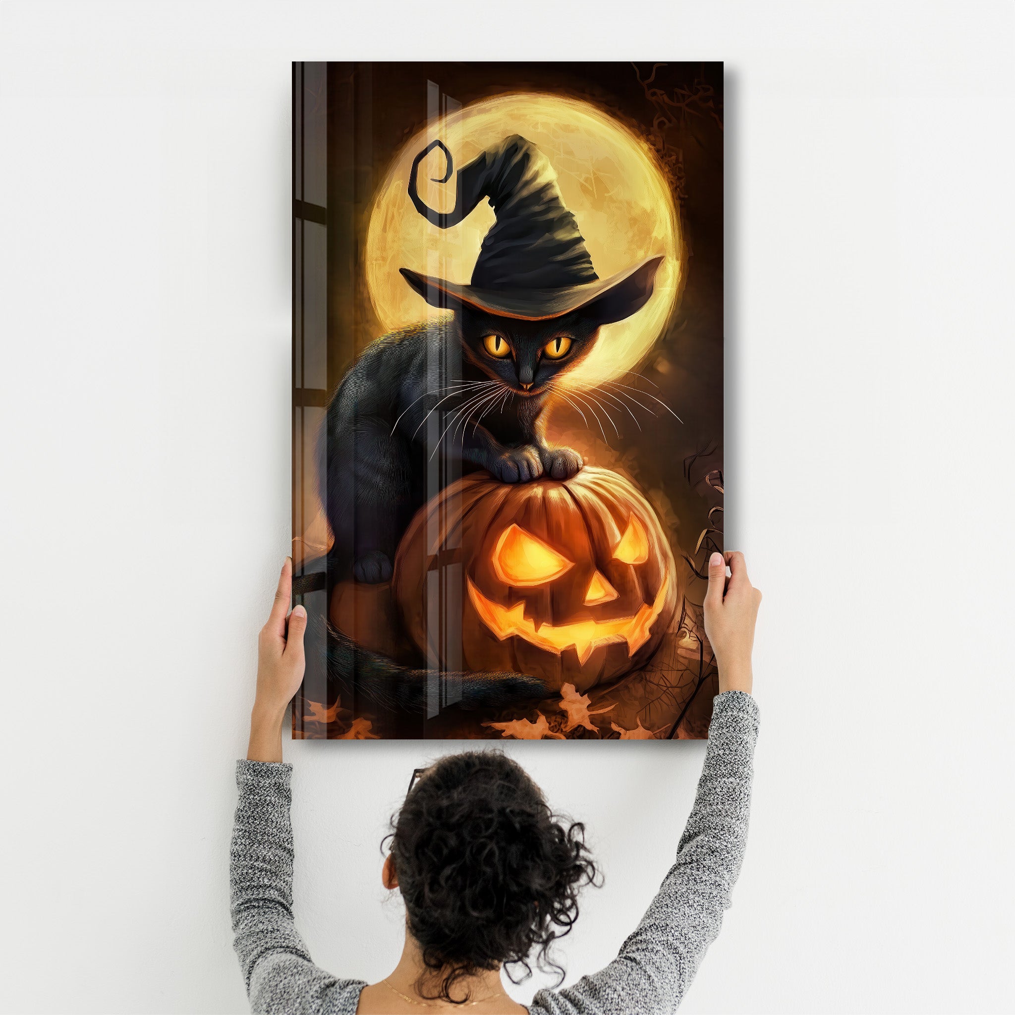 Kitty Witch | Halloween Glass Wall Art - Artdesigna