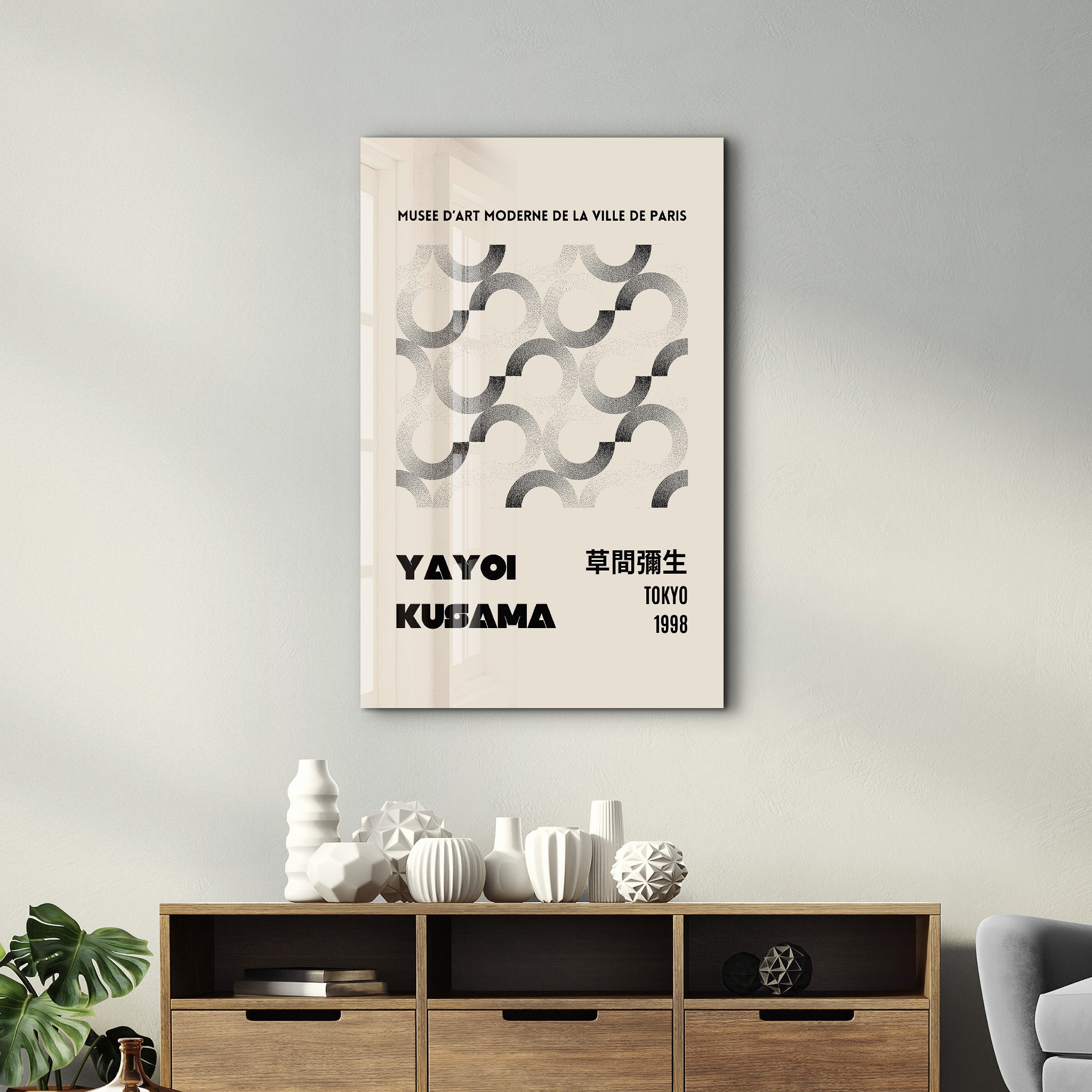 Geometric monochrome Yayoi Kusama Japanese pop art glass wall art by Artdesigna featuring bold patterns and modern design.