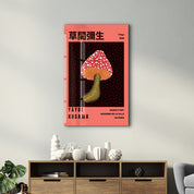 Red mushroom glass wall art by Artdesigna featuring Yayoi Kusama-inspired Japanese pop art design.