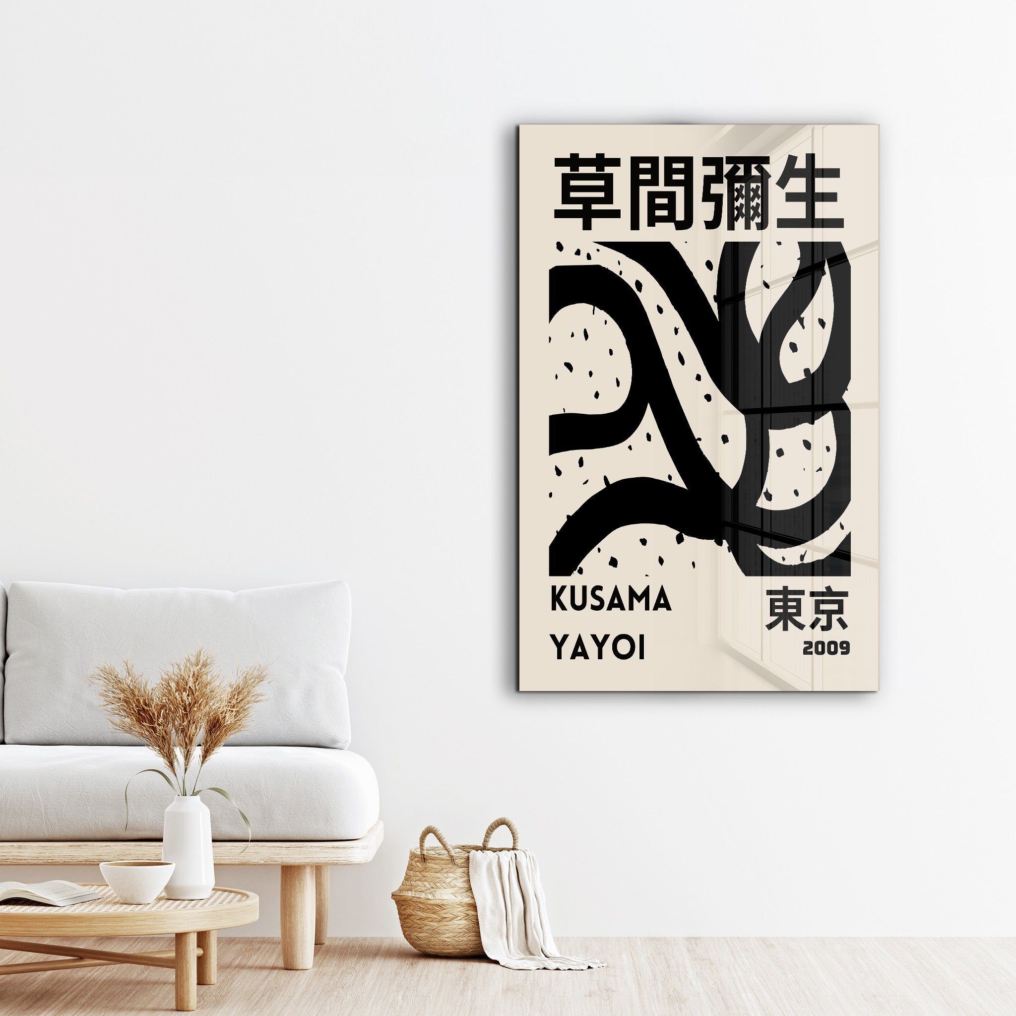 Yayoi Kusama abstract brush glass wall art by Artdesigna featuring vibrant Japanese pop art design on clear glass.