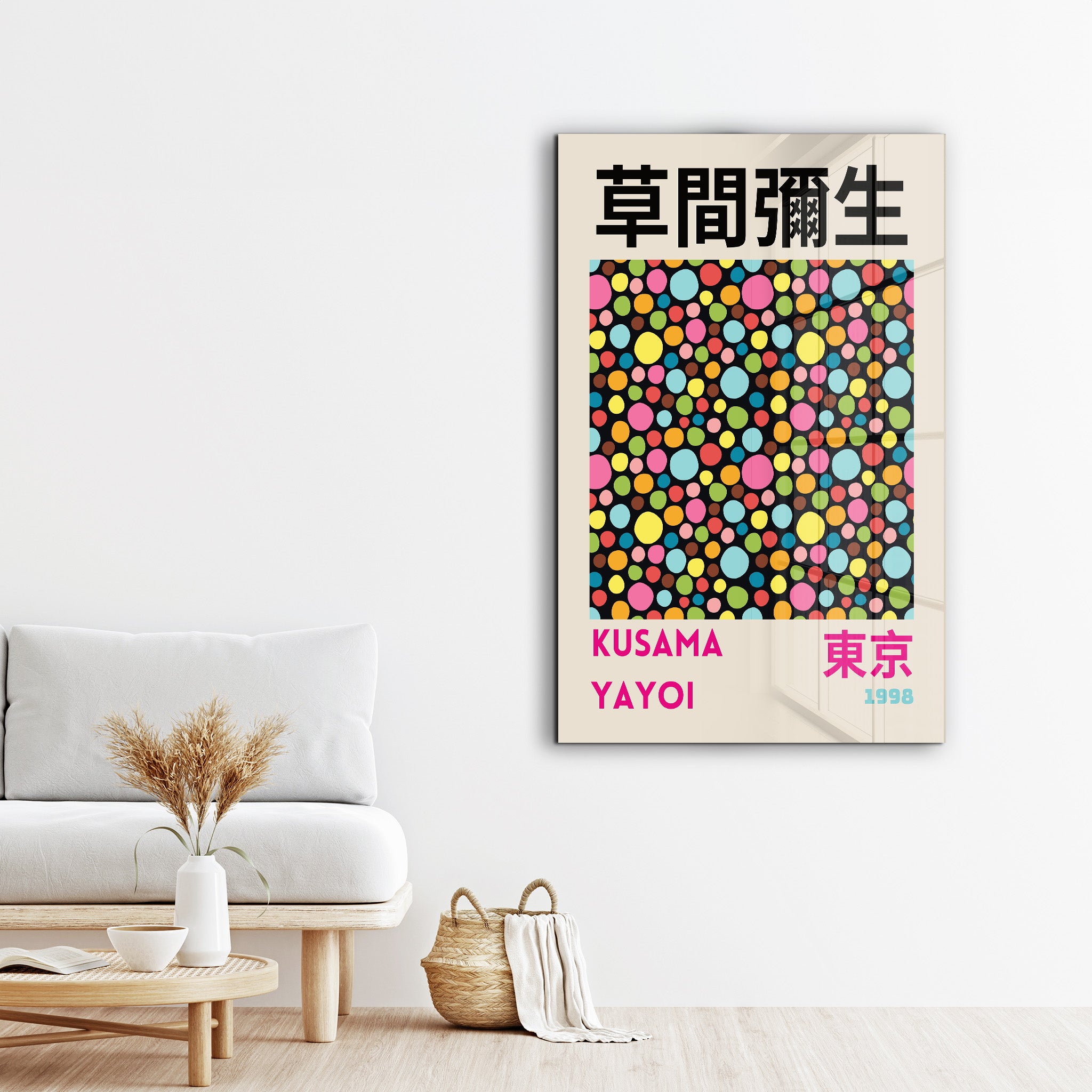 Multicolor polka dot glass wall art by Yayoi Kusama, Japanese pop art style, vibrant glass wall decor by Artdesigna.