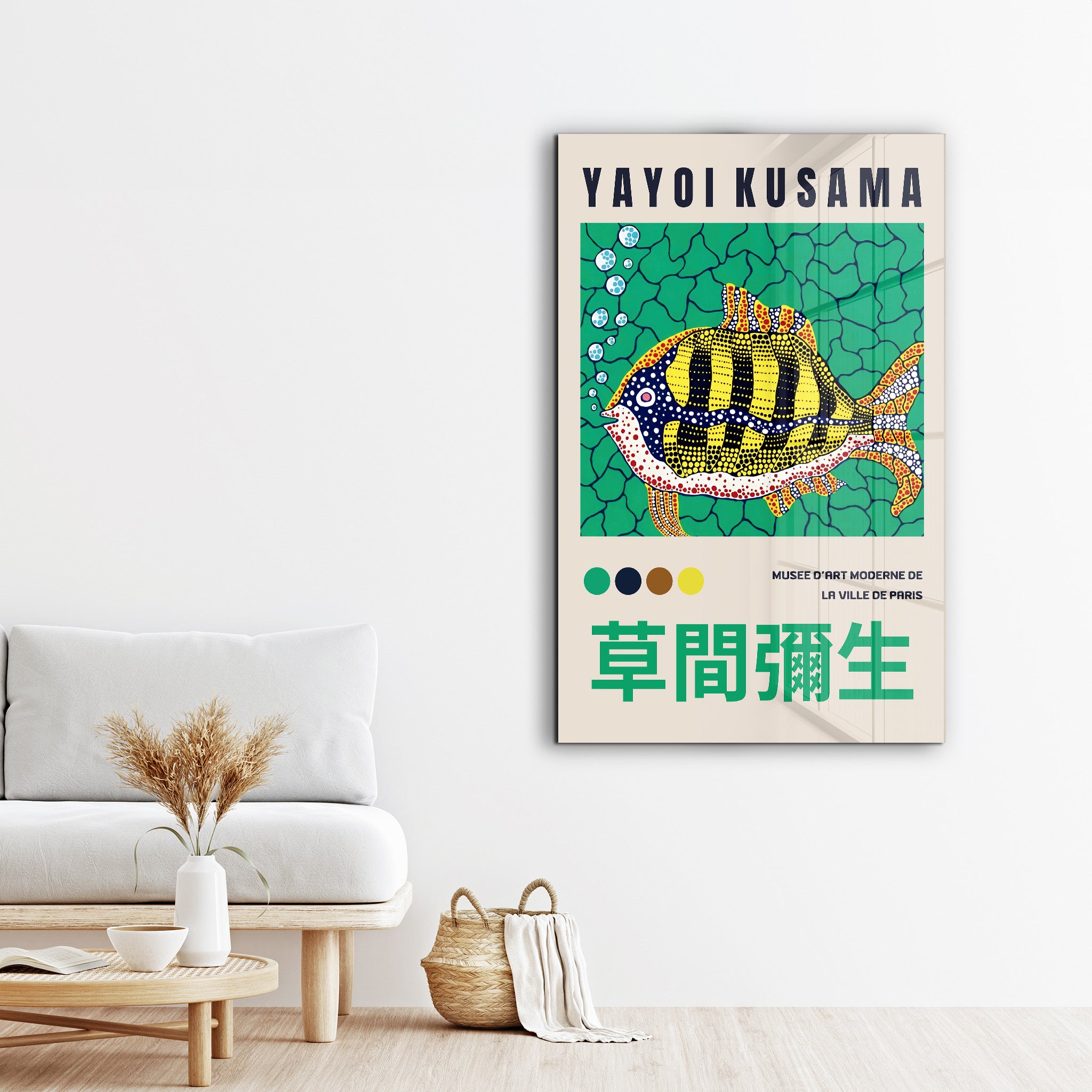 Colorful Yayoi Kusama Tropical Fish glass wall art by Artdesigna, featuring vibrant Japanese pop art design on a clear glass panel.