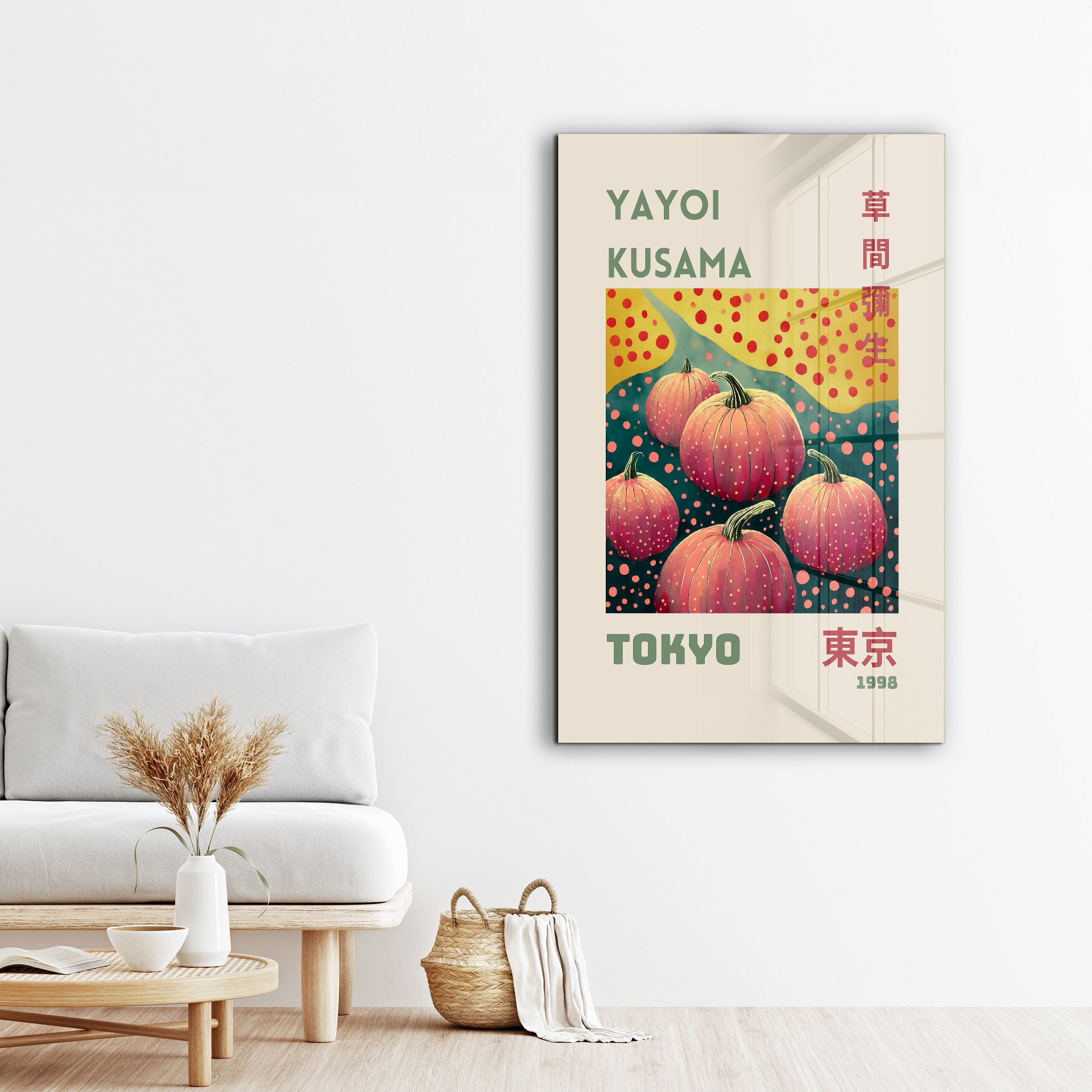 Colorful Yayoi Kusama Pumpkin Cluster glass wall art by Artdesigna featuring vibrant Japanese pop art design.