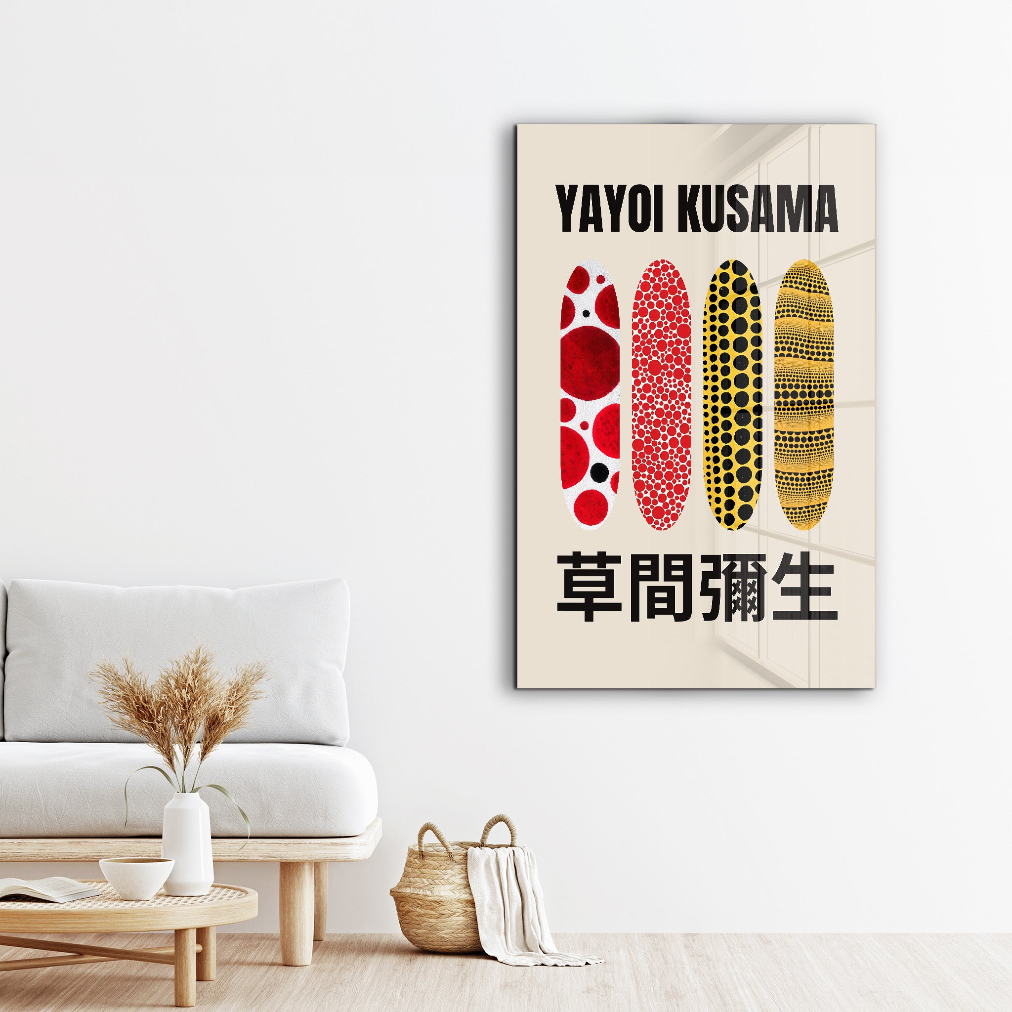 Glass wall art by Artdesigna featuring Yayoi Kusama's vibrant Japanese pop art pattern on clear glass.