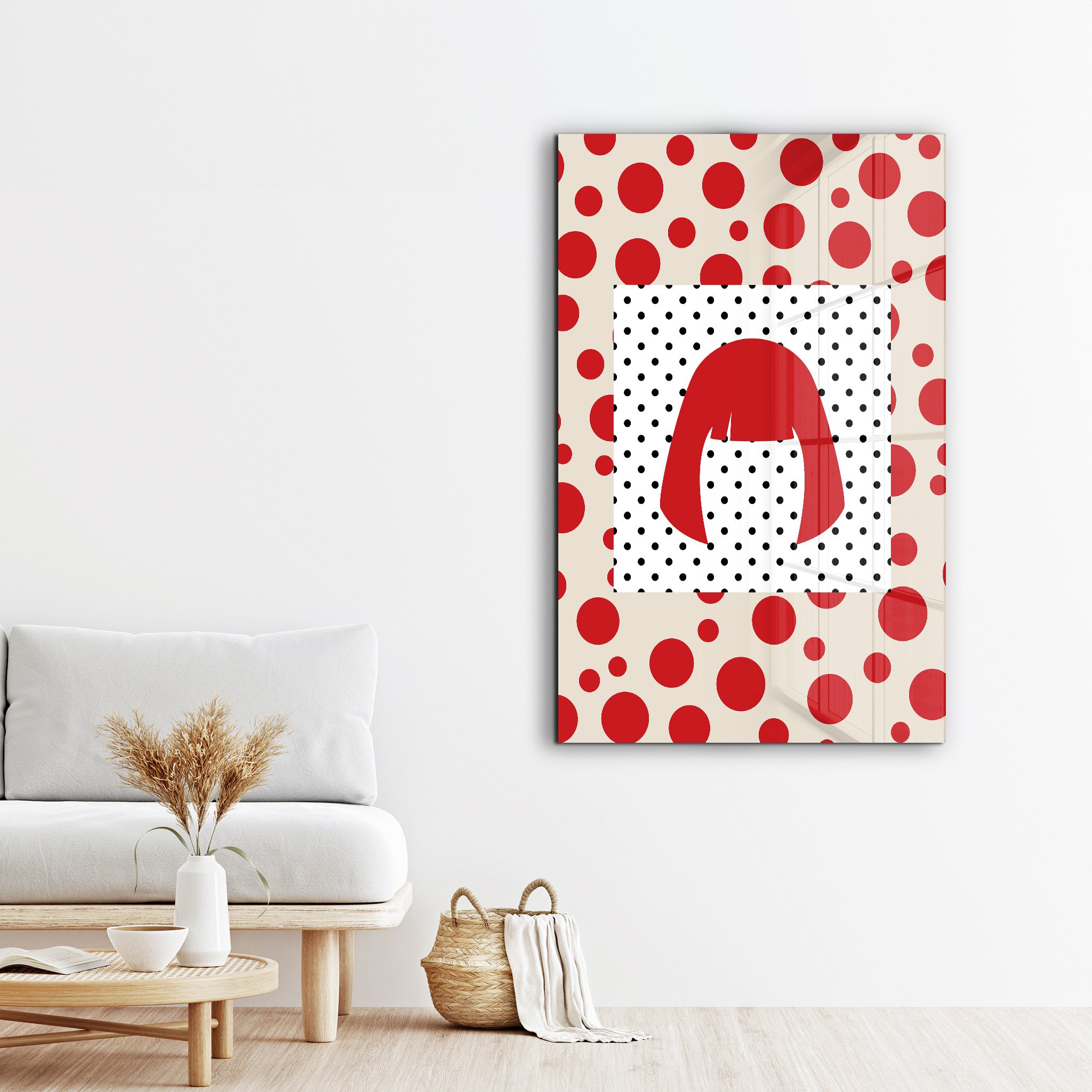 Yayoi Kusama red wig Japanese pop art glass wall art by Artdesigna featuring vibrant red colors and intricate design.