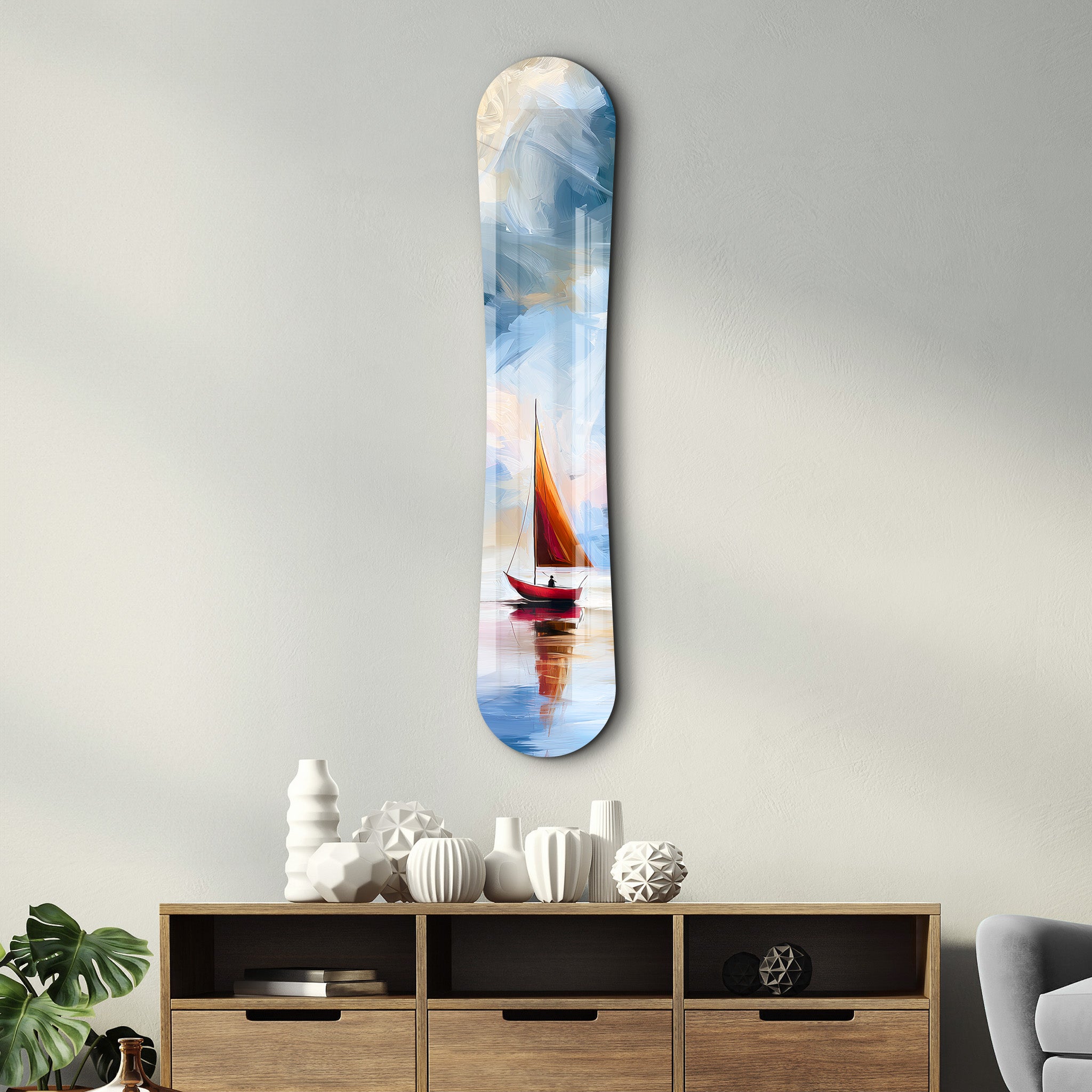 Minimal sailboat snowboard glass wall art by Artdesigna featuring a sleek sailboat design on clear glass surface.