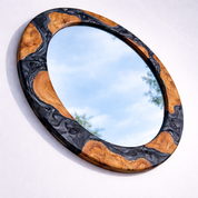Black Diamond epoxy and olive wood wall art mirror with a modern design, crafted by Artdesigna.