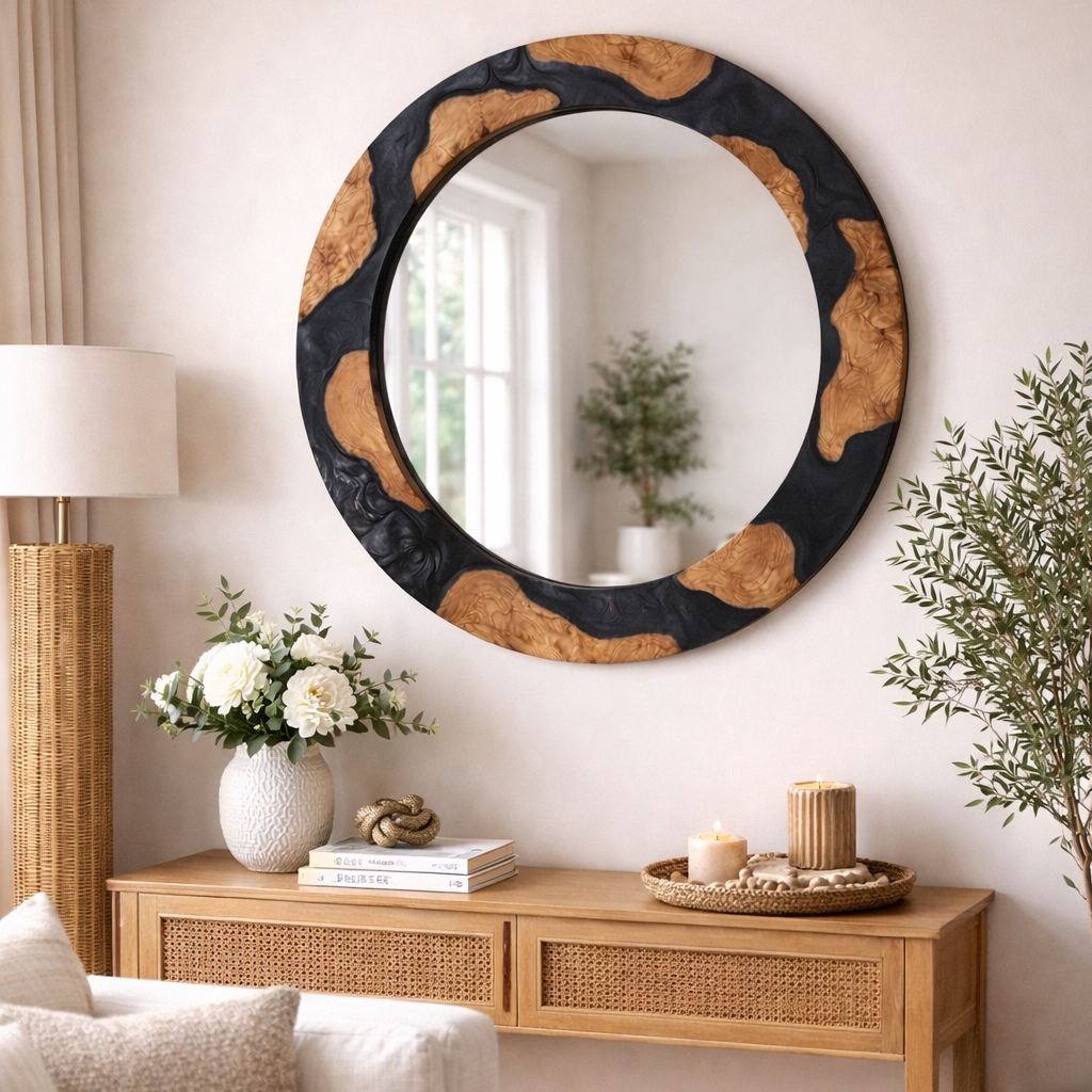 Black Diamond epoxy and olive wood wall art mirror with geometric design, crafted by Artdesigna in natural wood and black epoxy.