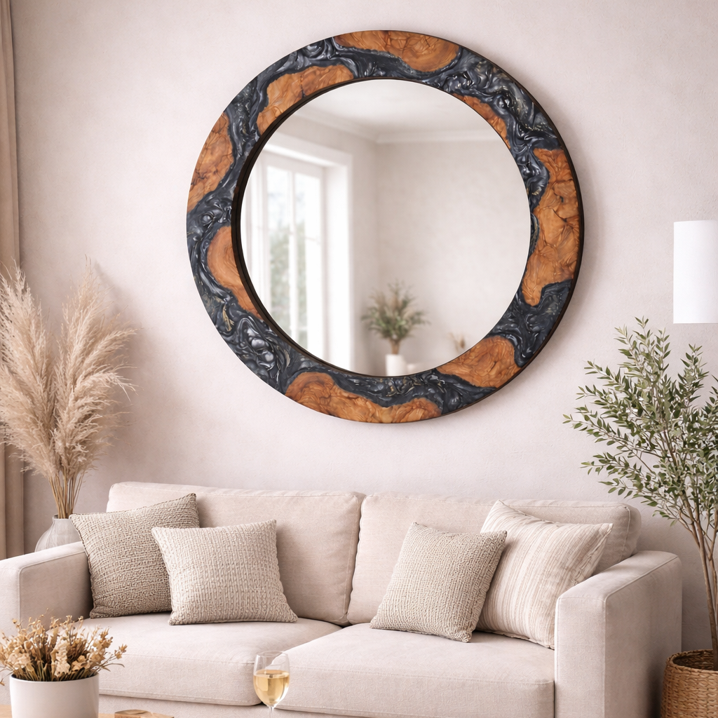Black Diamond epoxy and olive wood wall art mirror by Artdesigna featuring a modern wooden frame and reflective surface.
