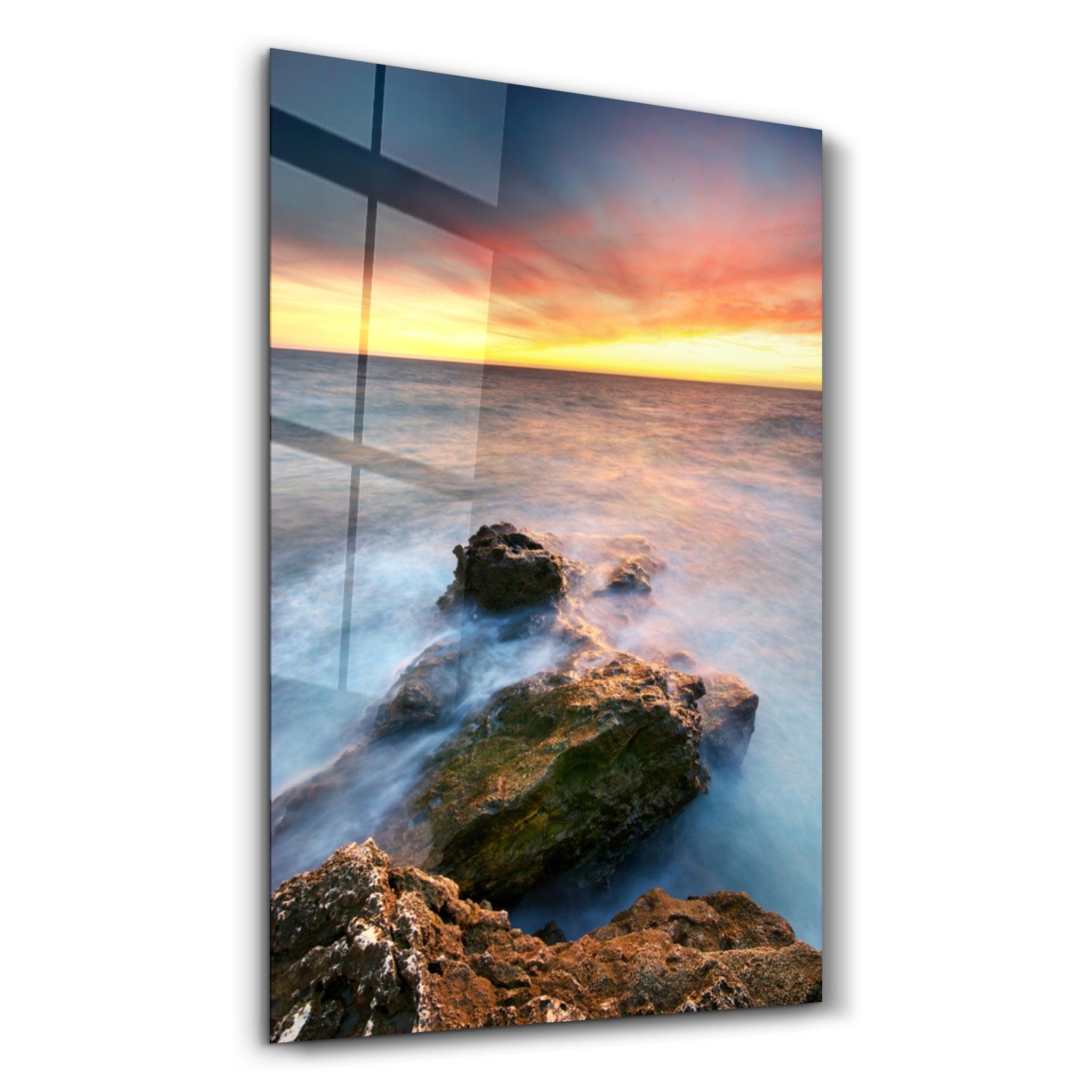 Sunset and Rocks | Glass Wall Art - Artdesigna