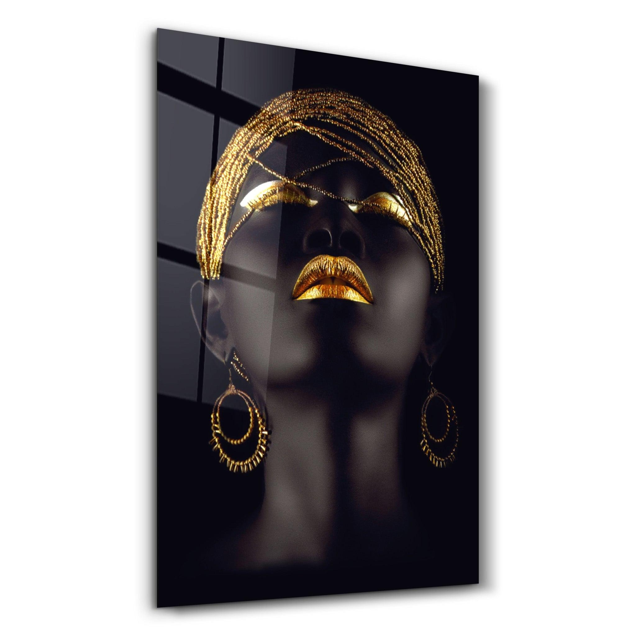 Golden Lips Woman Portrait V2 | Glass Wall Art - Artdesigna