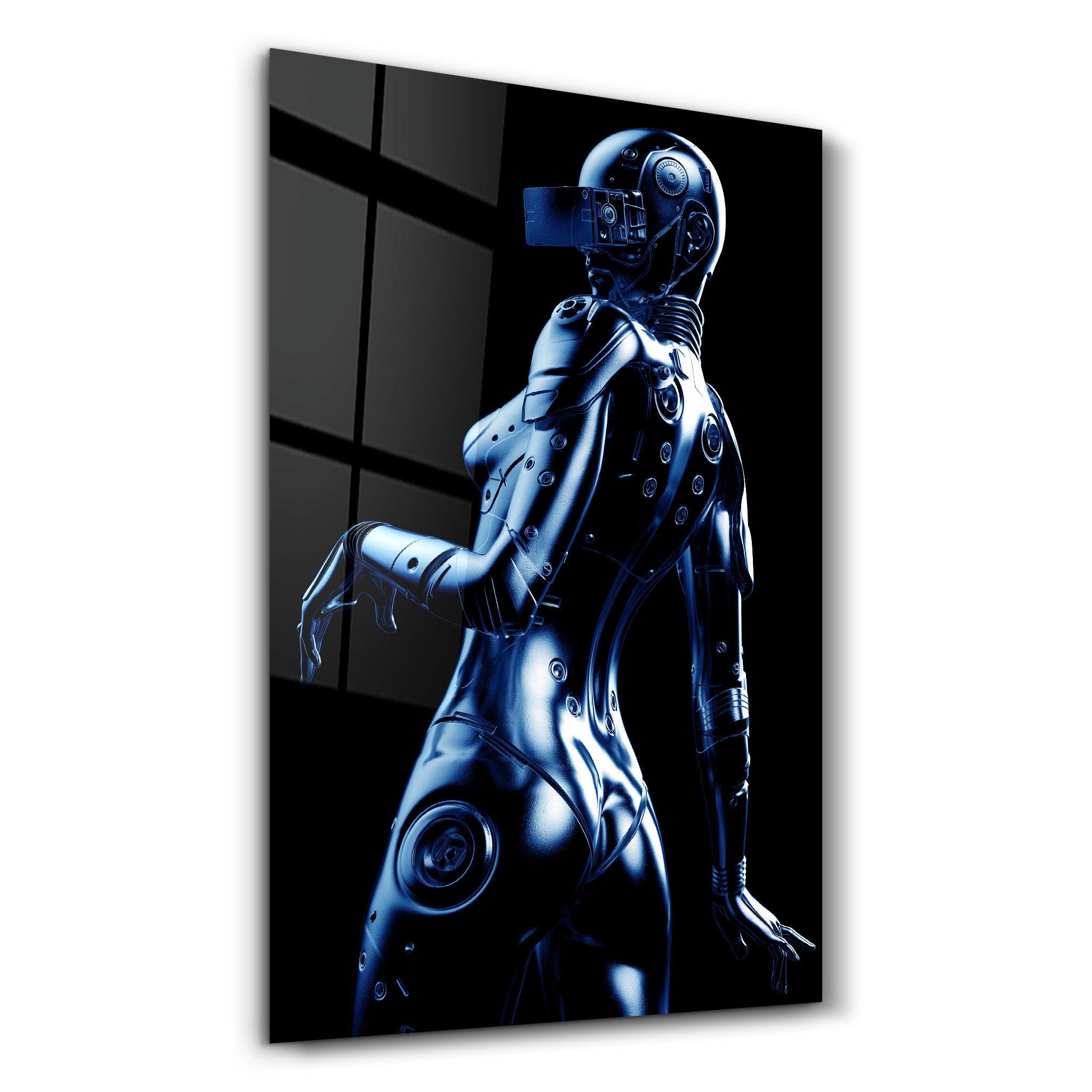 Steel Robot Girl in Blue | Designer's Collection Glass Wall Art - Artdesigna