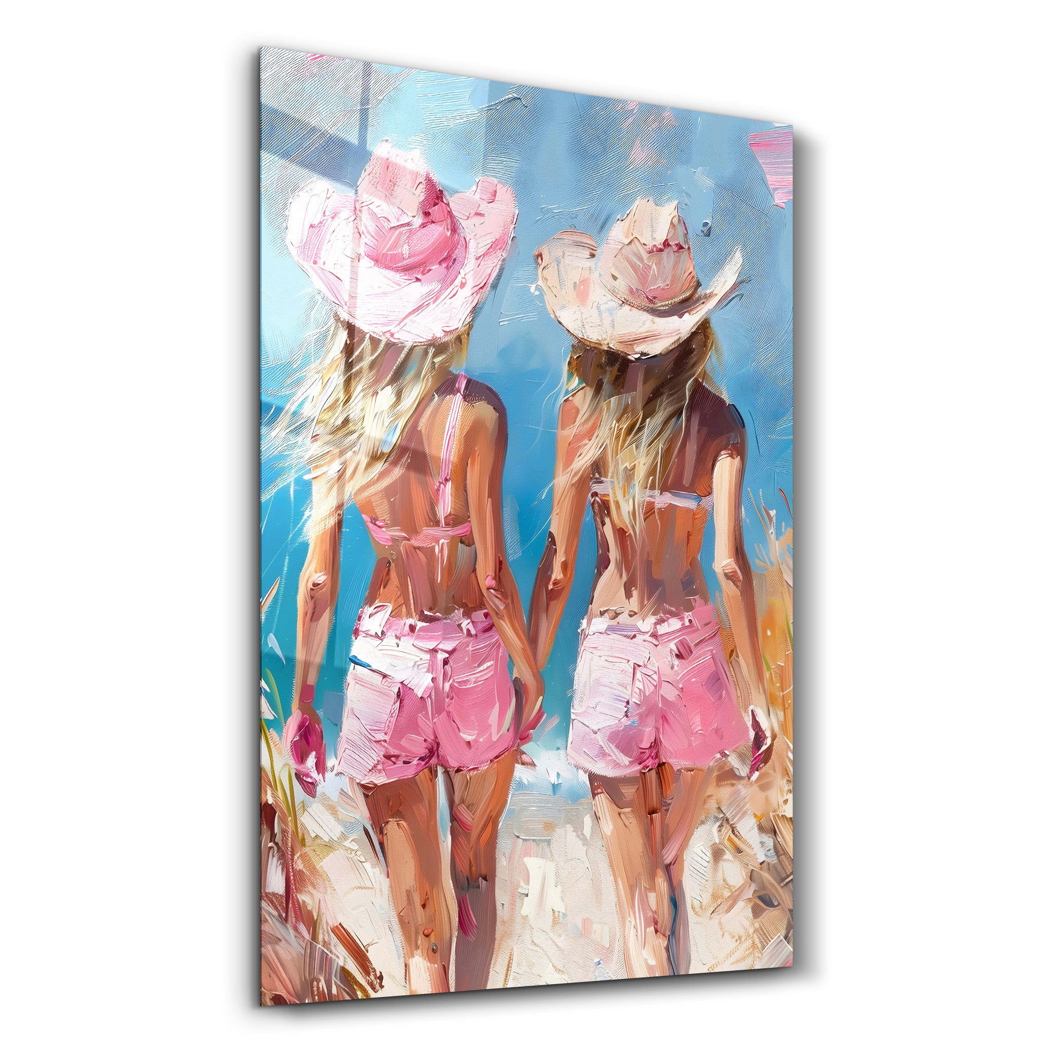 Pink CowGirls On the Beach - Glass Wall Art - Artdesigna