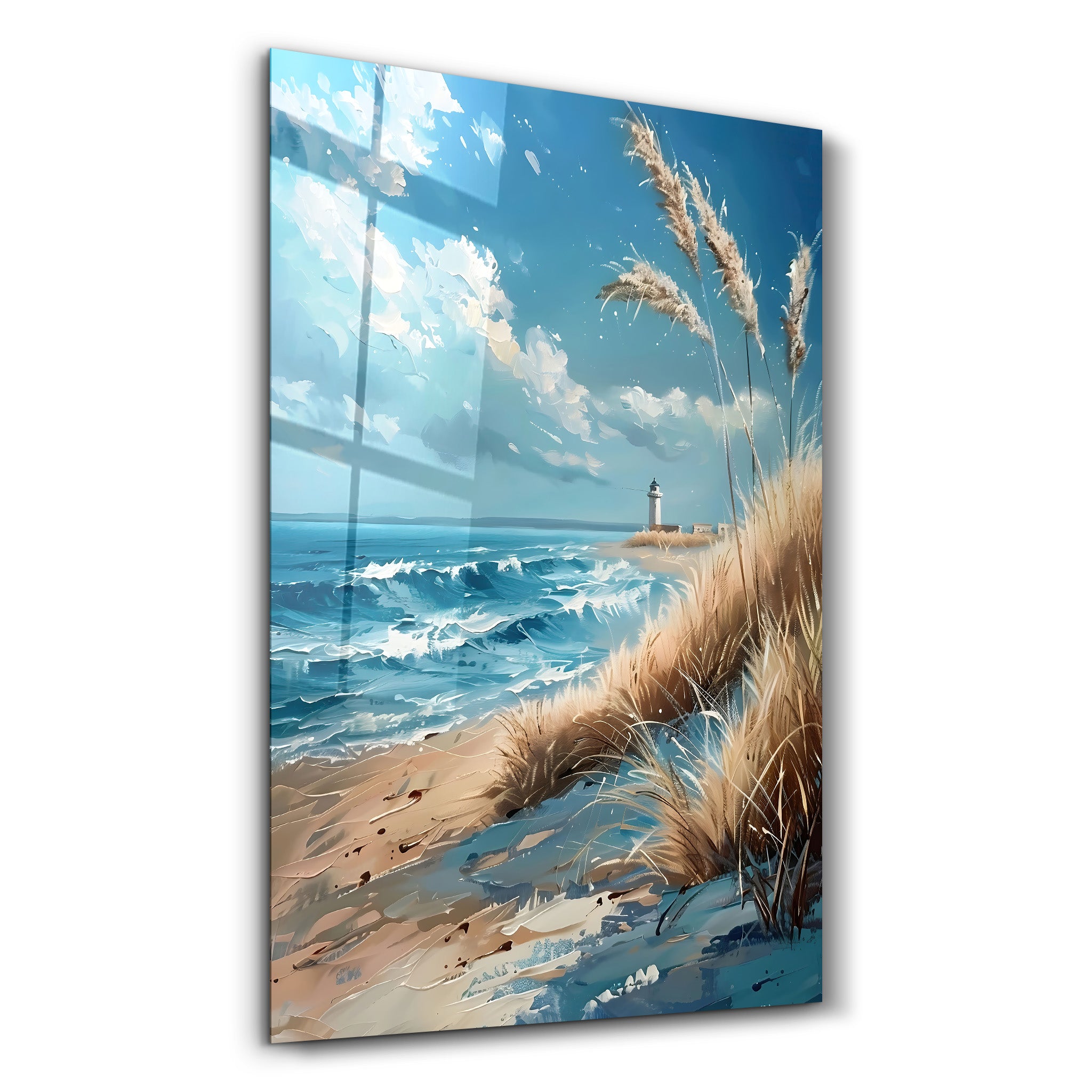 Lighthouse and Beach Oil Painting - Glass Wall Art - Artdesigna