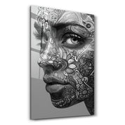 Psychedelic Floral Portrait B&W | Glass Wall Art