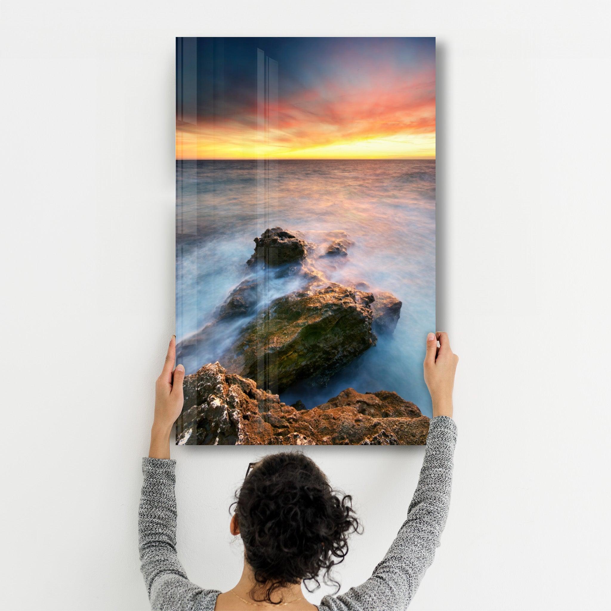 Sunset and Rocks | Glass Wall Art - Artdesigna