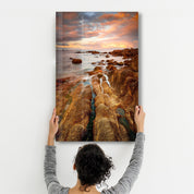 Golden Rocks and Sunset | Glass Wall Art - Artdesigna