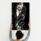 Golden Face Woman Portrait | Glass Wall Art - Artdesigna