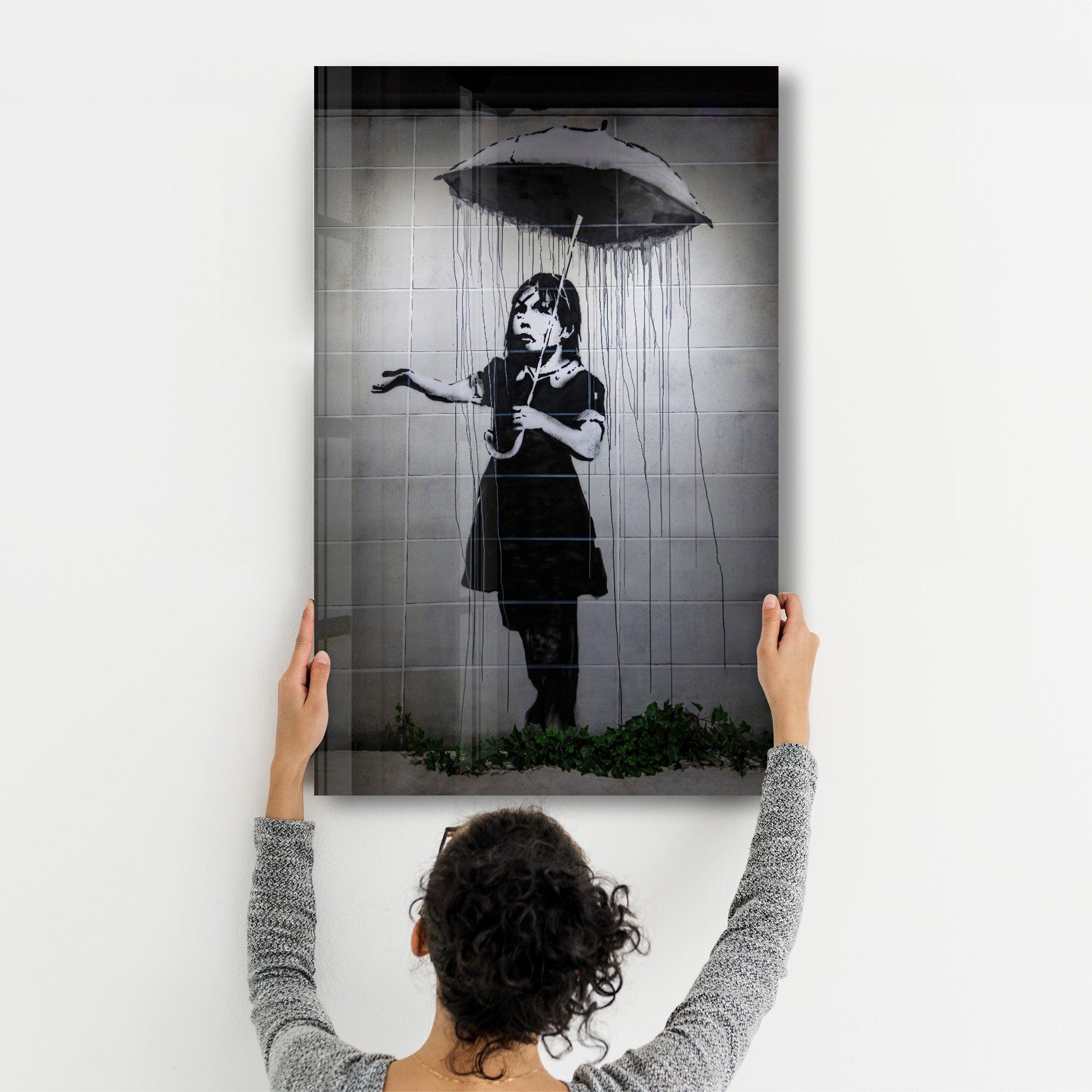 Banksy - Girl with an umbrella | Glass Wall Art - Artdesigna