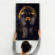 Golden Lips Woman Portrait V2 | Glass Wall Art - Artdesigna