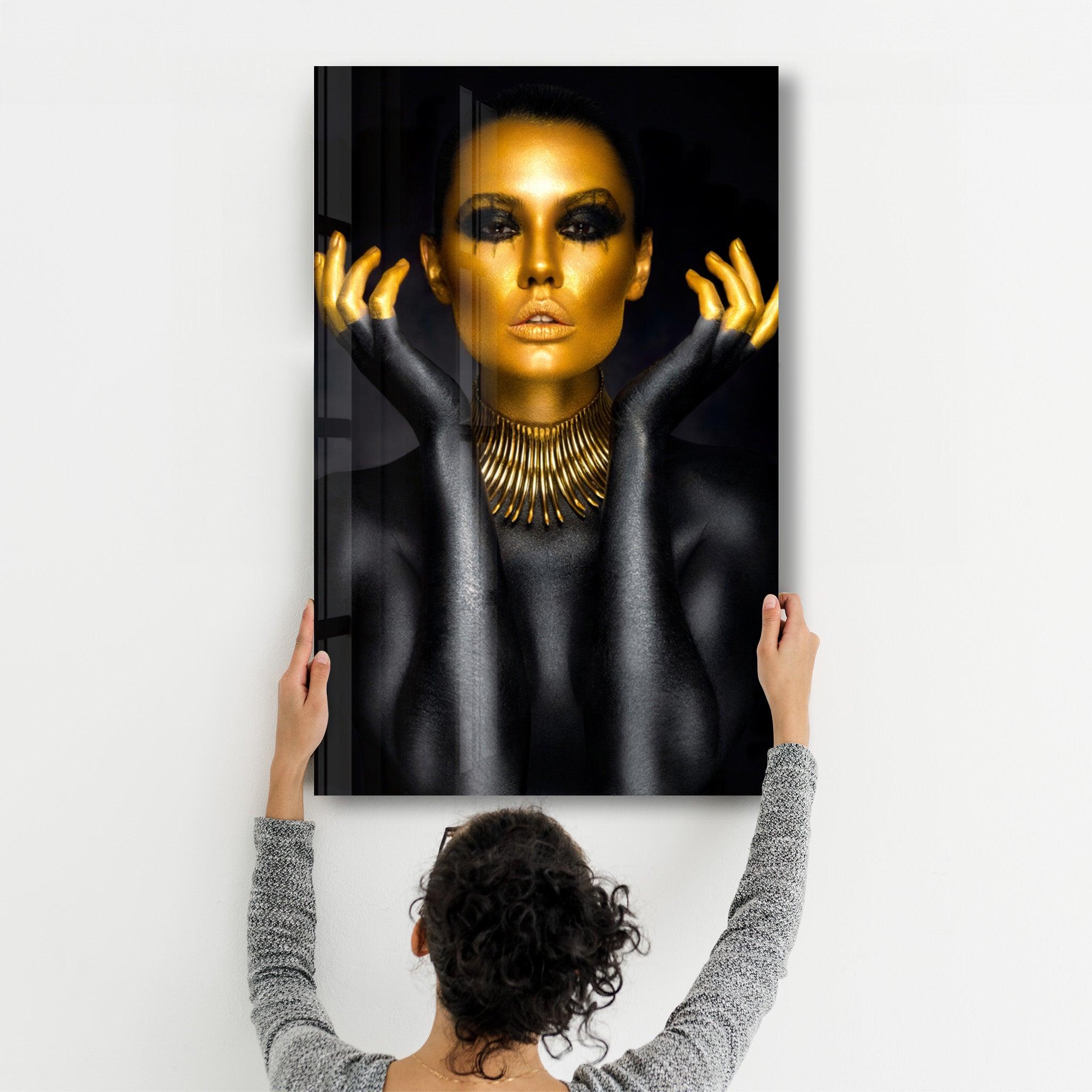 Golden Face and Fingers | Glass Wall Art - Artdesigna