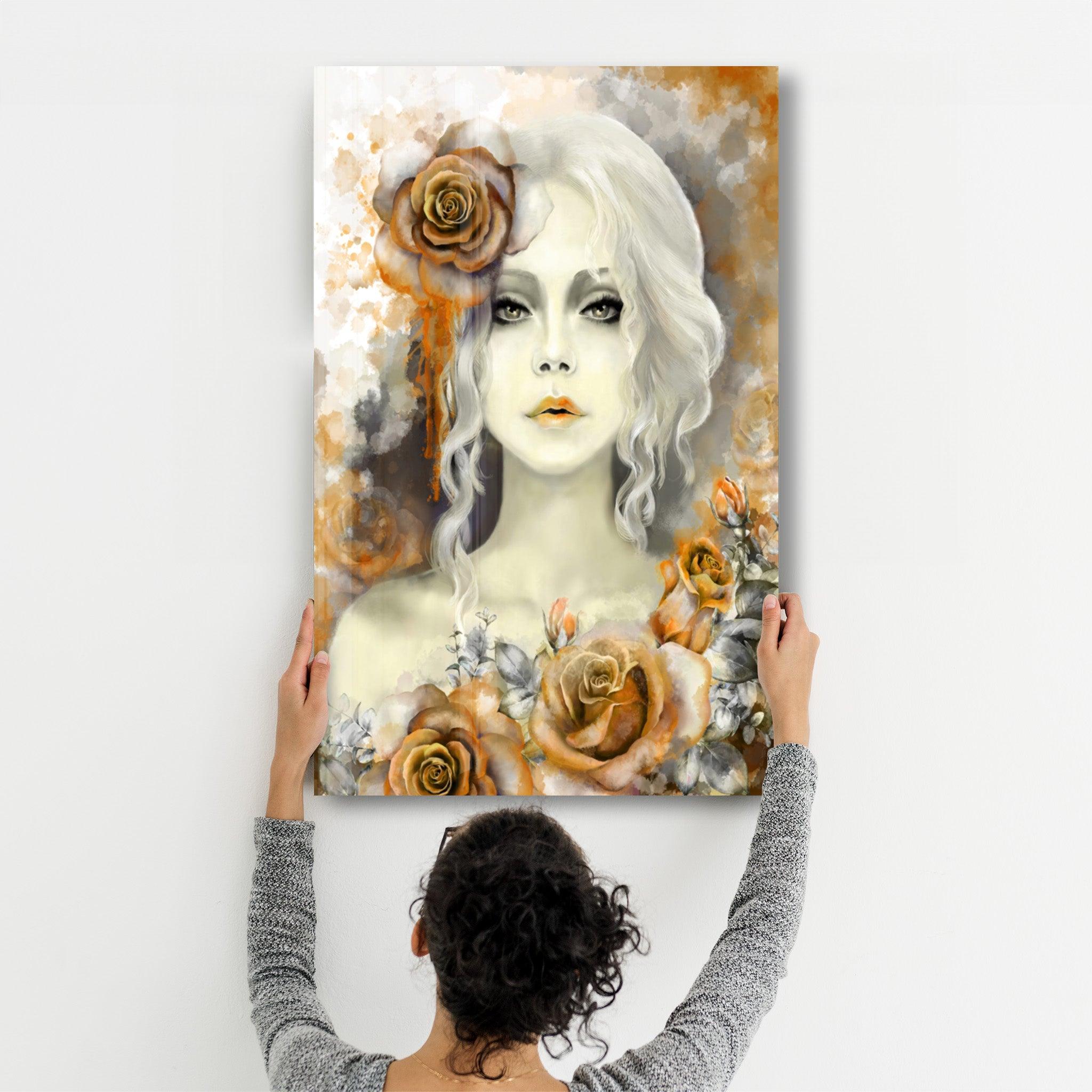 Silent Rose Woman Portrait | Glass Wall Art - Artdesigna