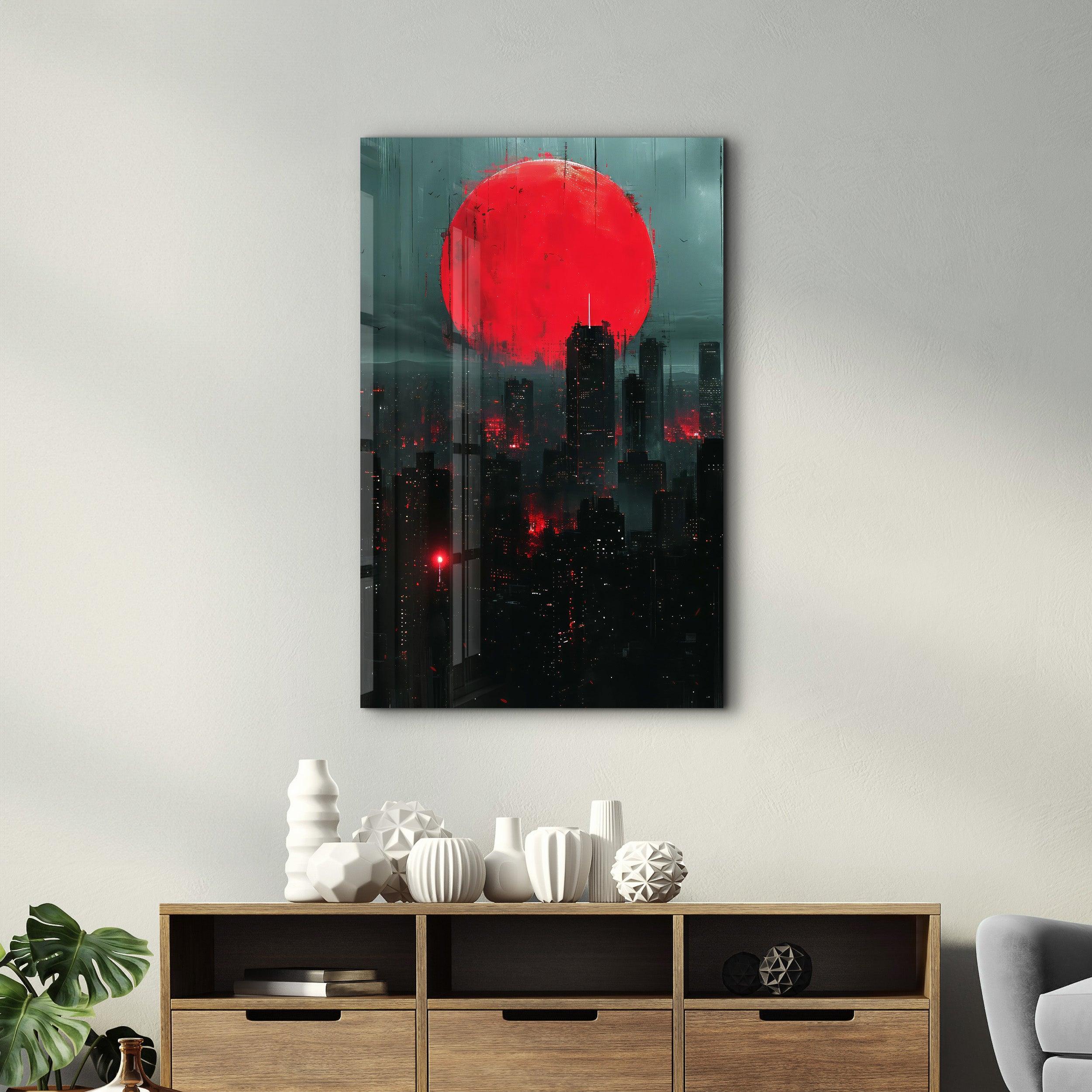 Red Moon over the City - Designers Collection Glass Wall Art - Artdesigna