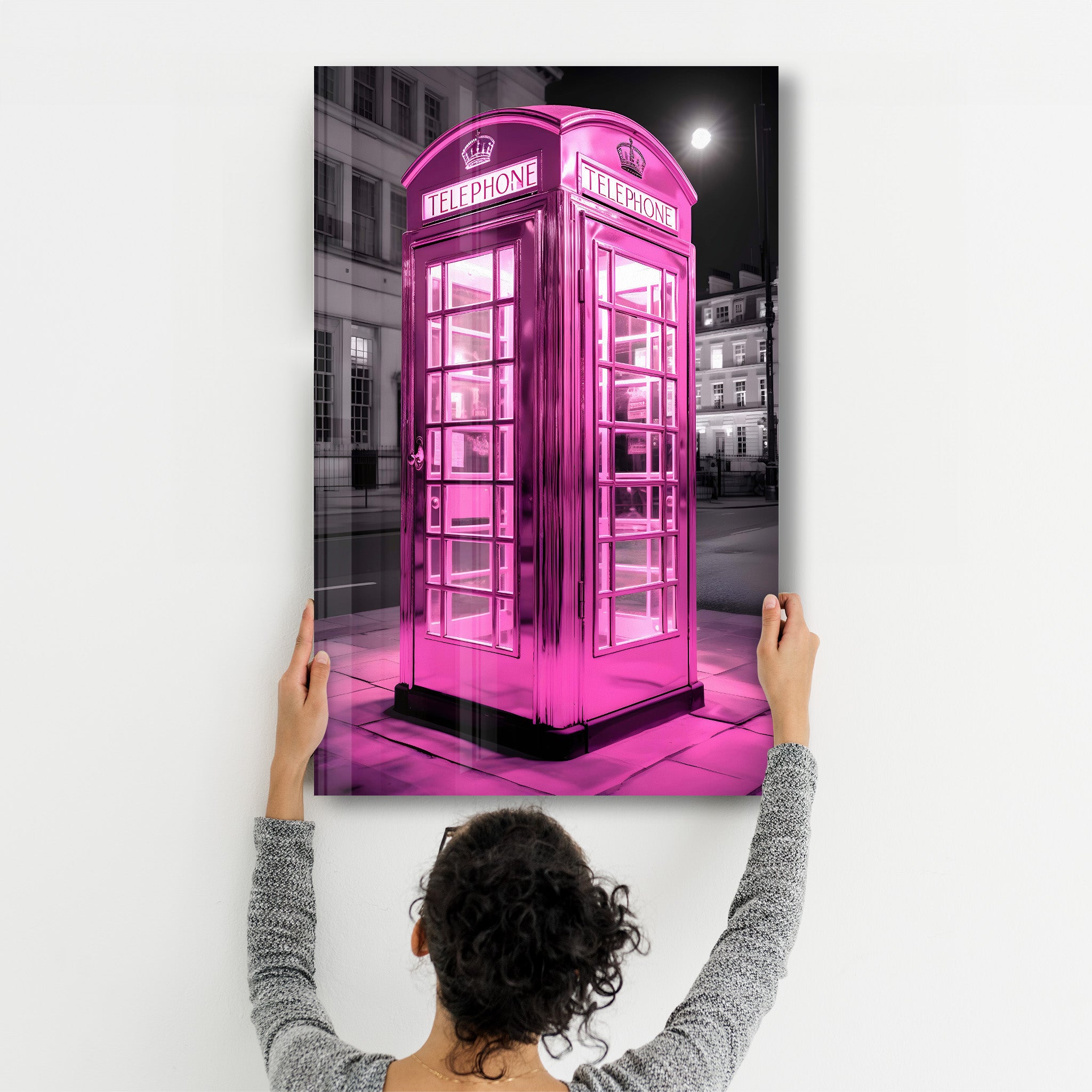 Pink Retro Telephone Booth - Glass Wall Art - Artdesigna