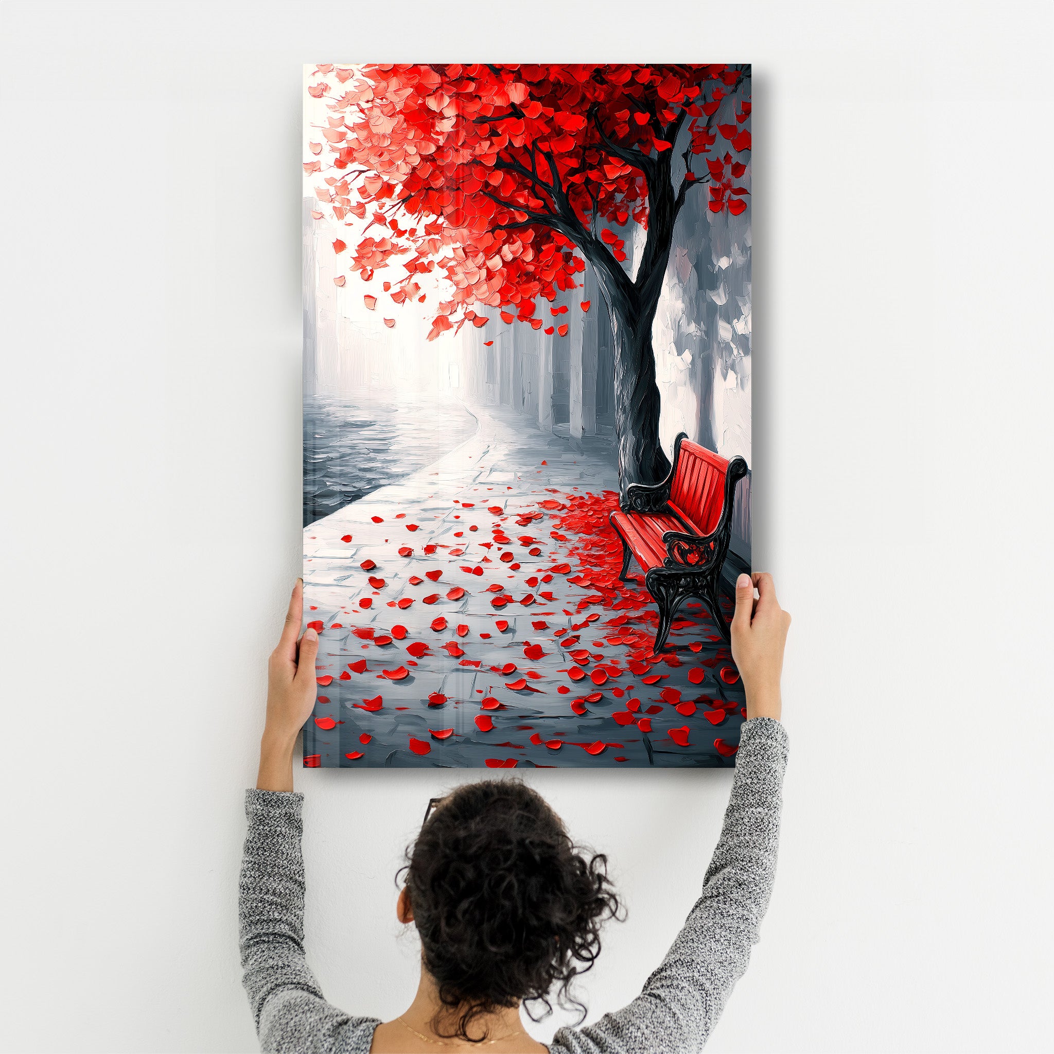 Red Bench Beneath The Tree | Glass Wall Art