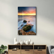 Sunset and Rocks | Glass Wall Art - Artdesigna