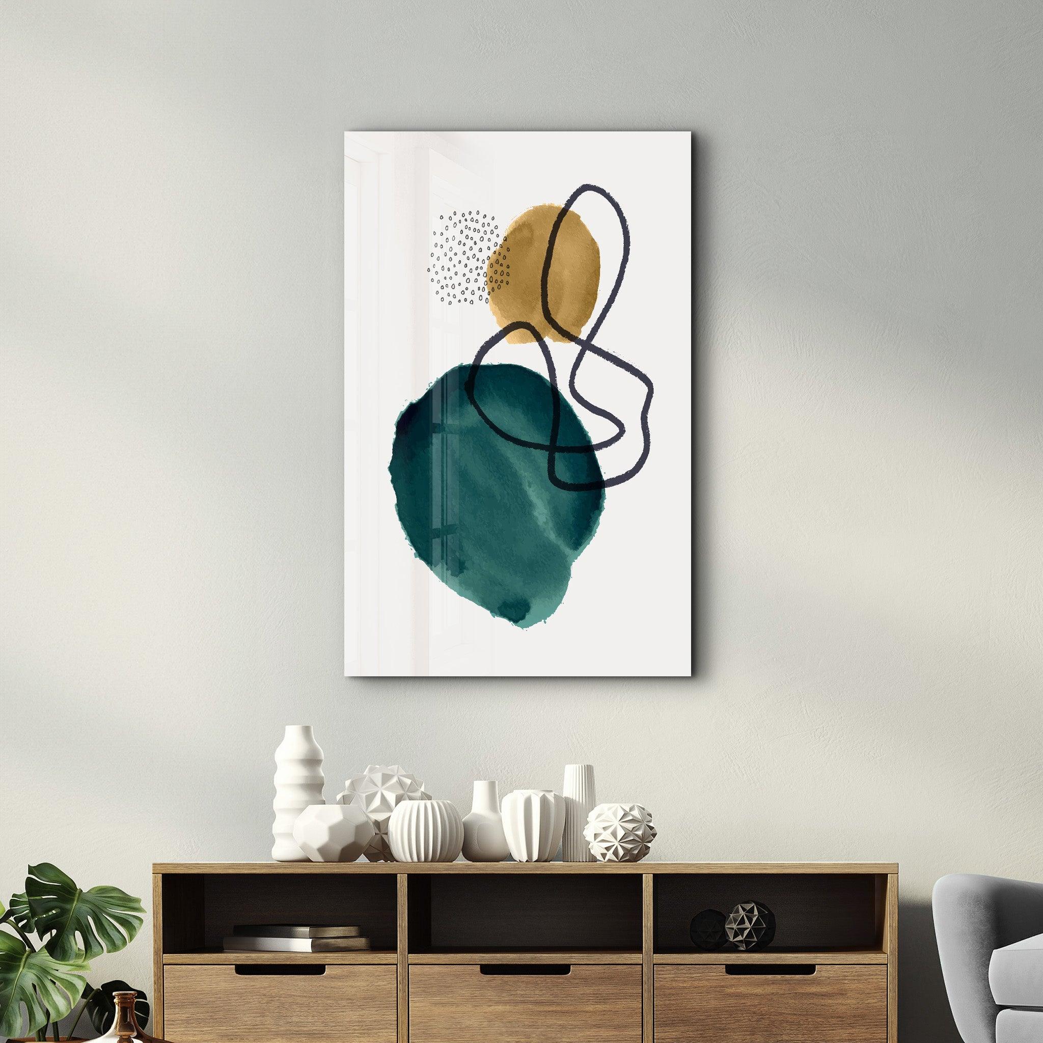 Green and Golden Shapes 1 | Glass Wall Art - Artdesigna